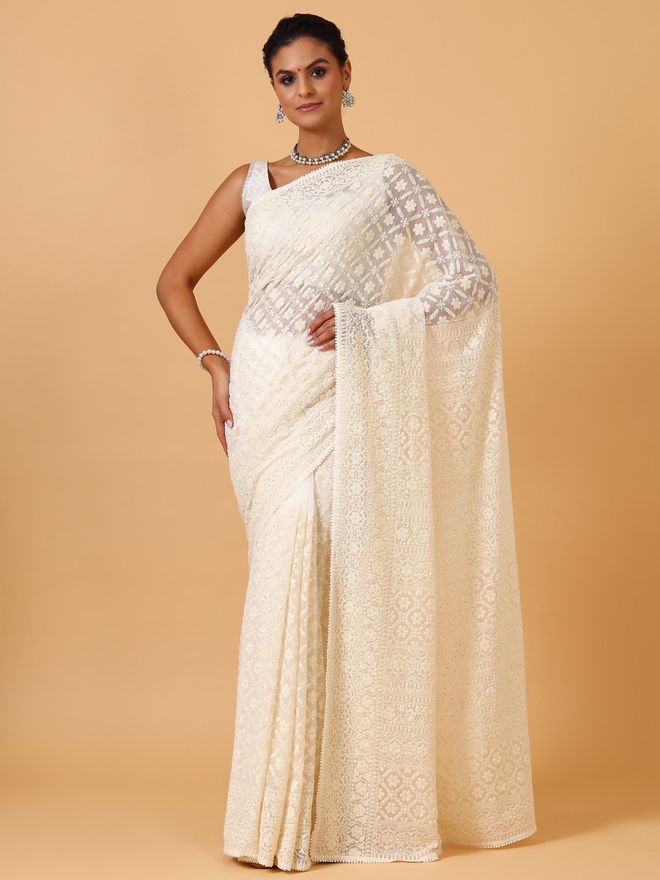 Ivory Lakhnavi Georgette Saree