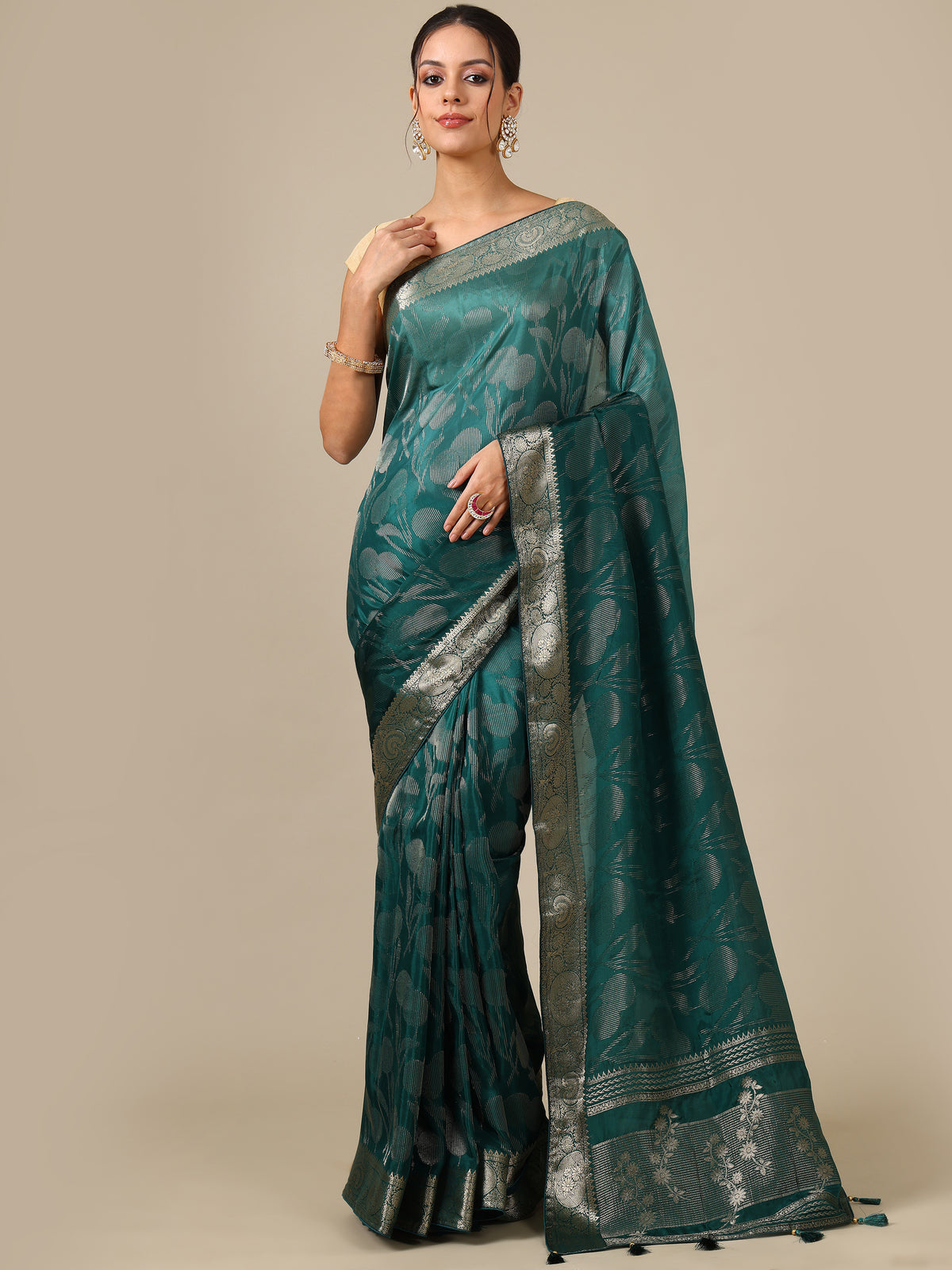 Peacock Green Silk Saree - House of Surya