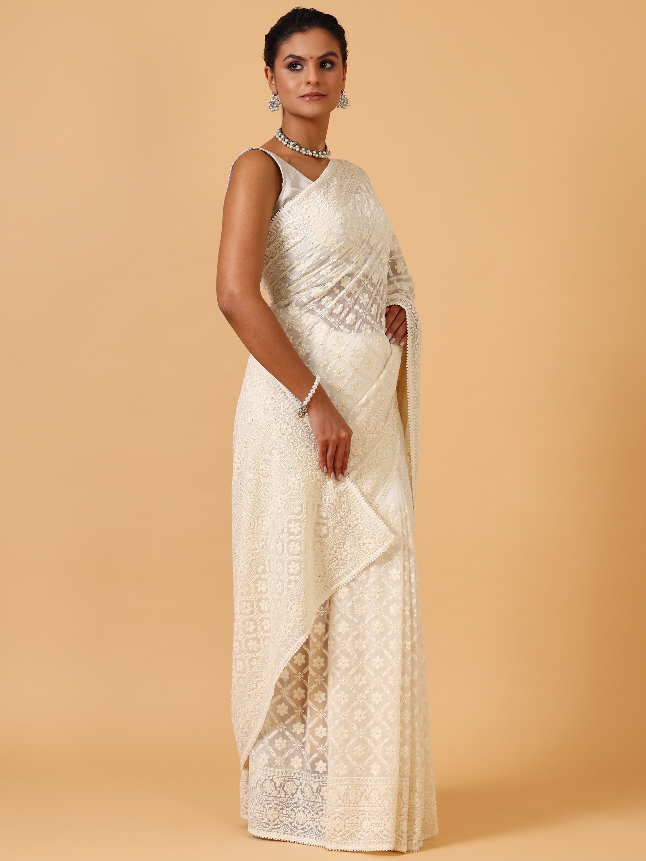 Ivory Lakhnavi Georgette Saree