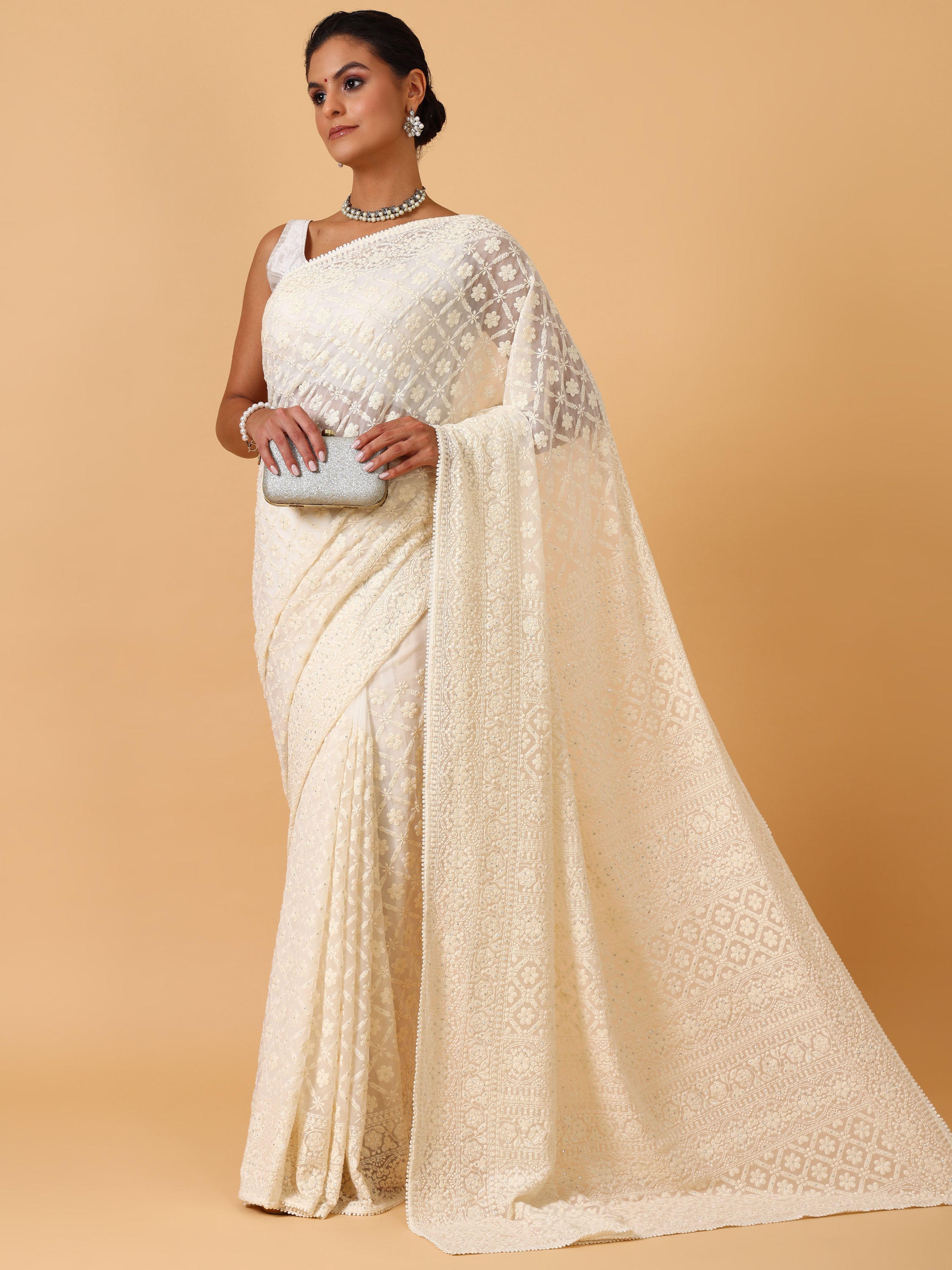 Ivory Lakhnavi Georgette Saree