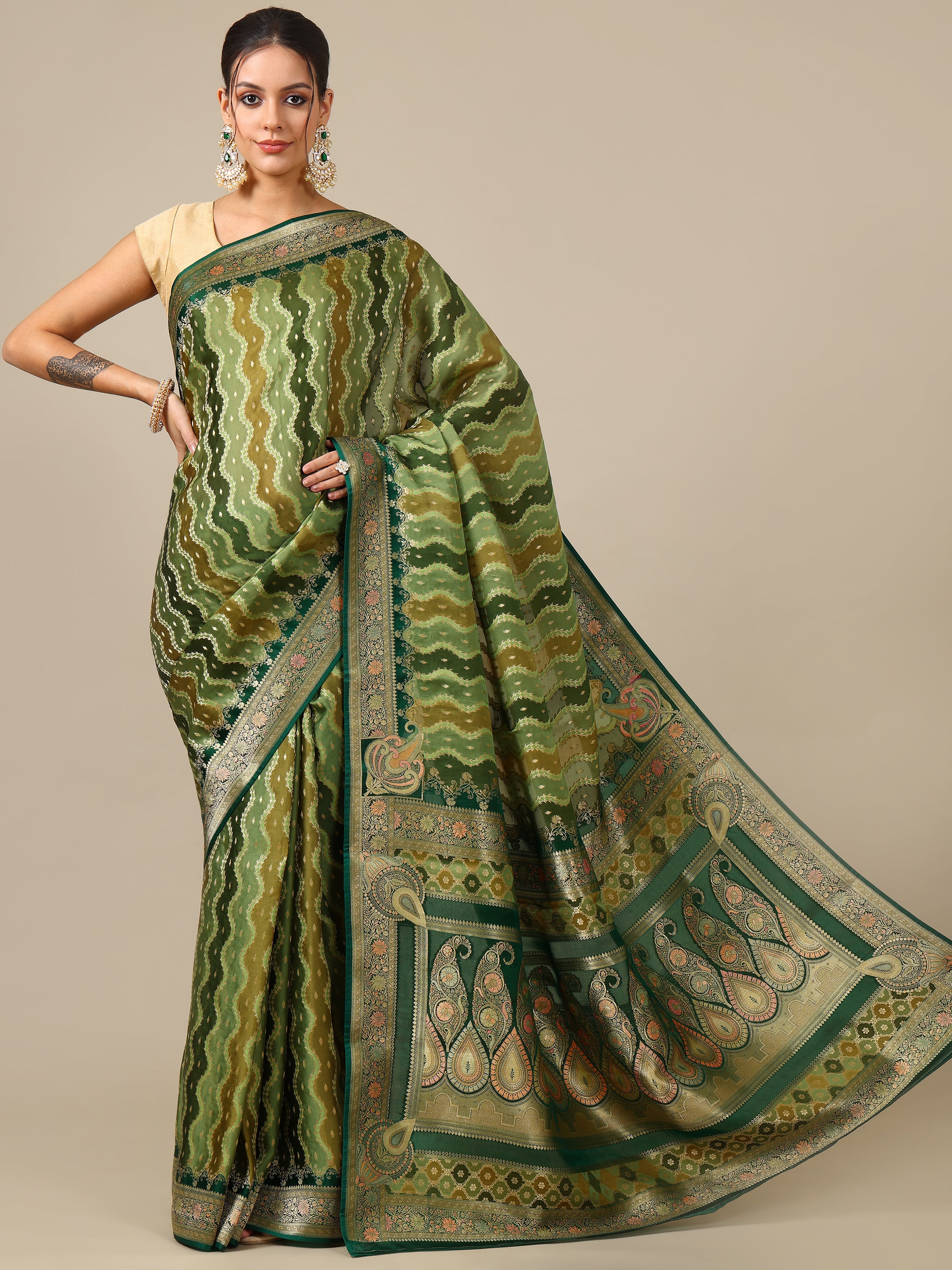 Mehandi Green Satin Organza Saree