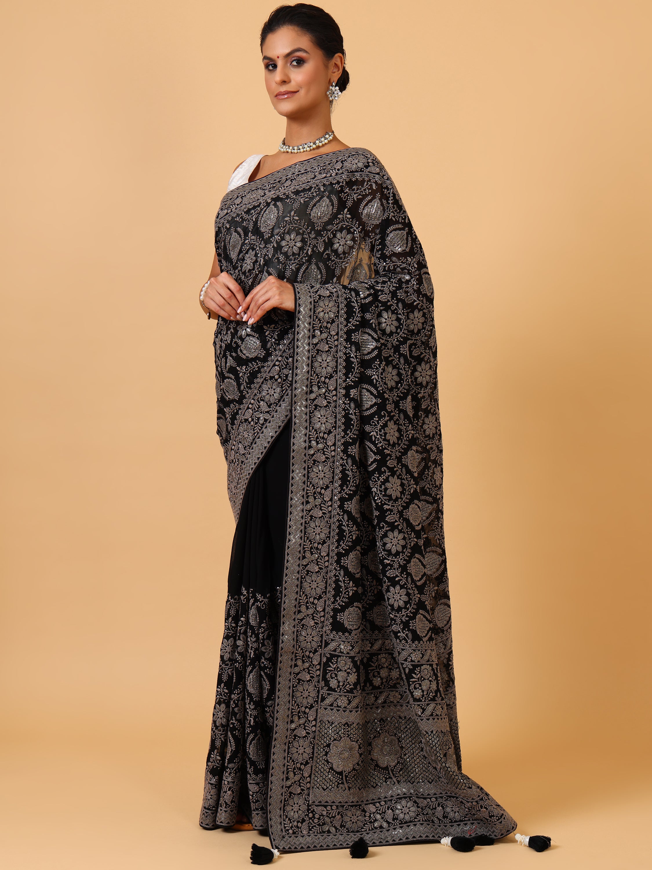 Black Lakhnavi & Sequin Georgette Saree - House of Surya