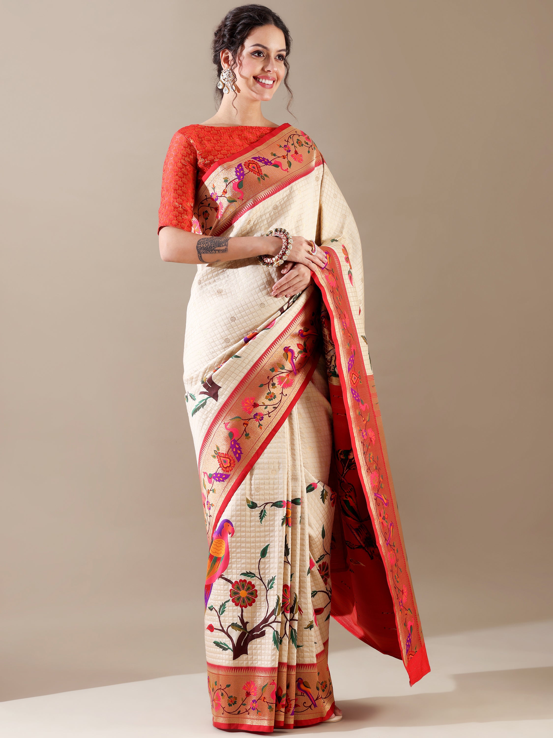 Heritage Weave Ivory and Red Silk SAREE