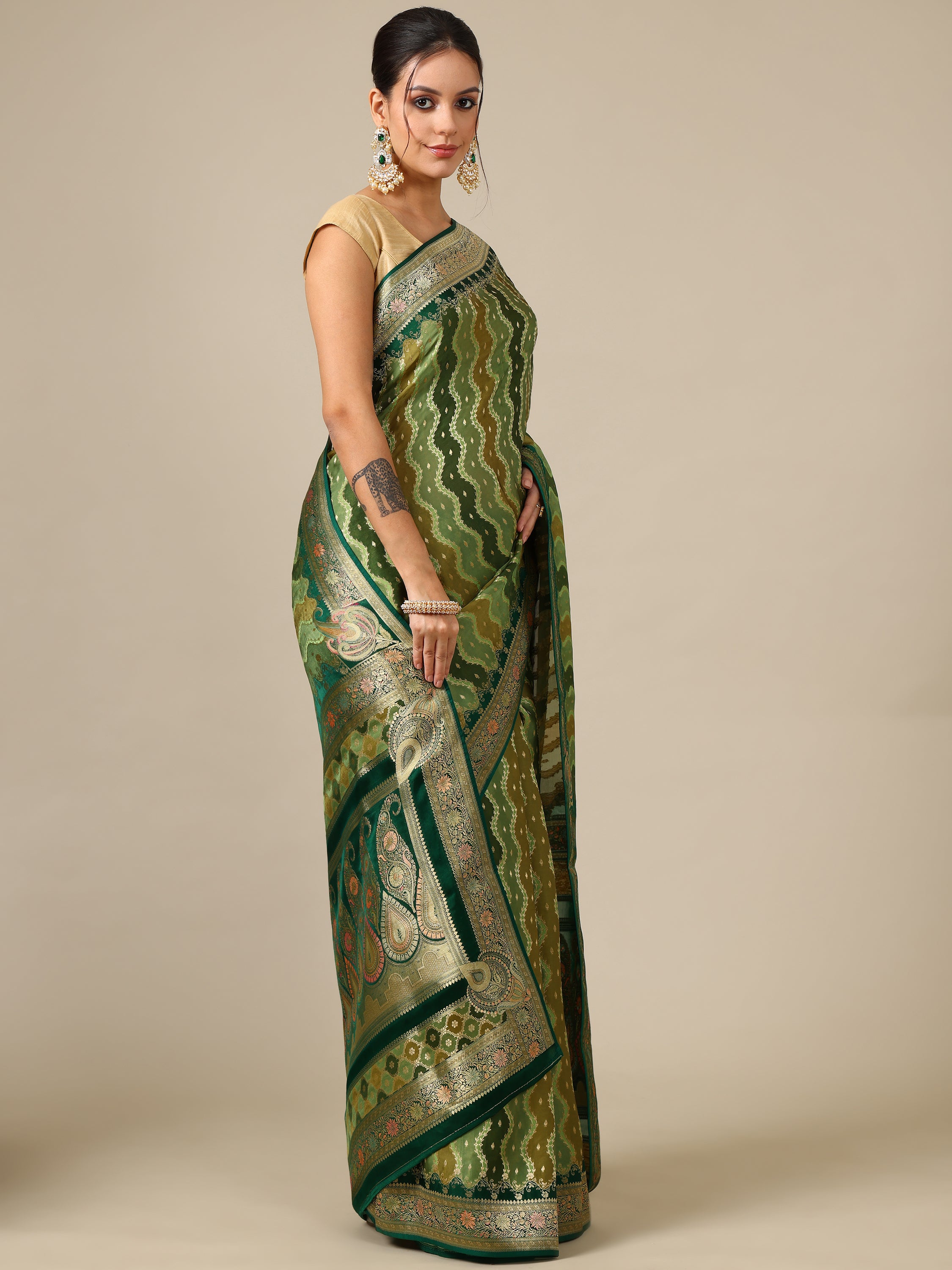 Mehandi Green Satin Organza Saree