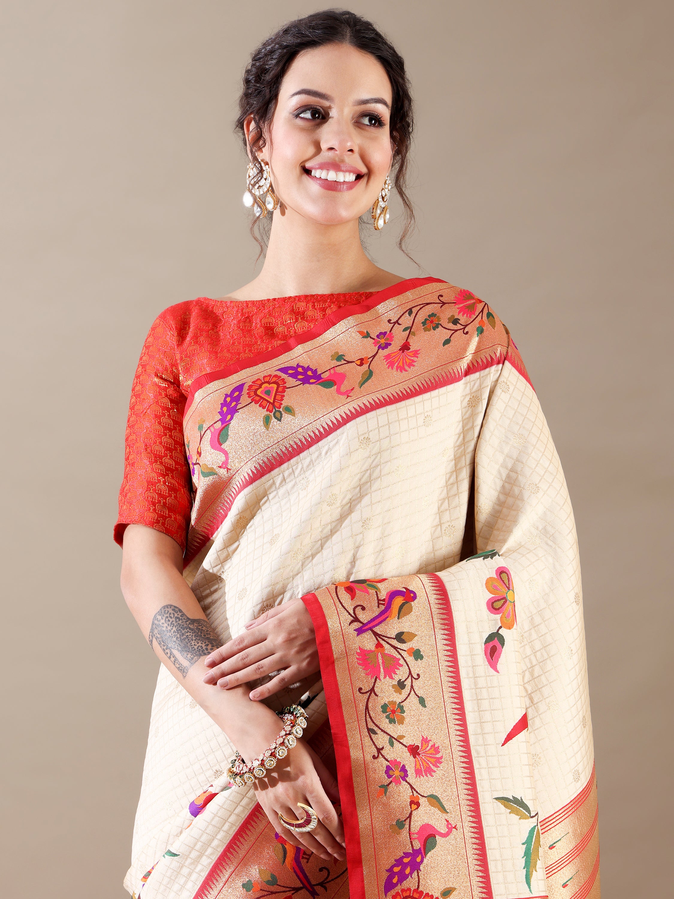 Heritage Weave Ivory and Red Silk SAREE