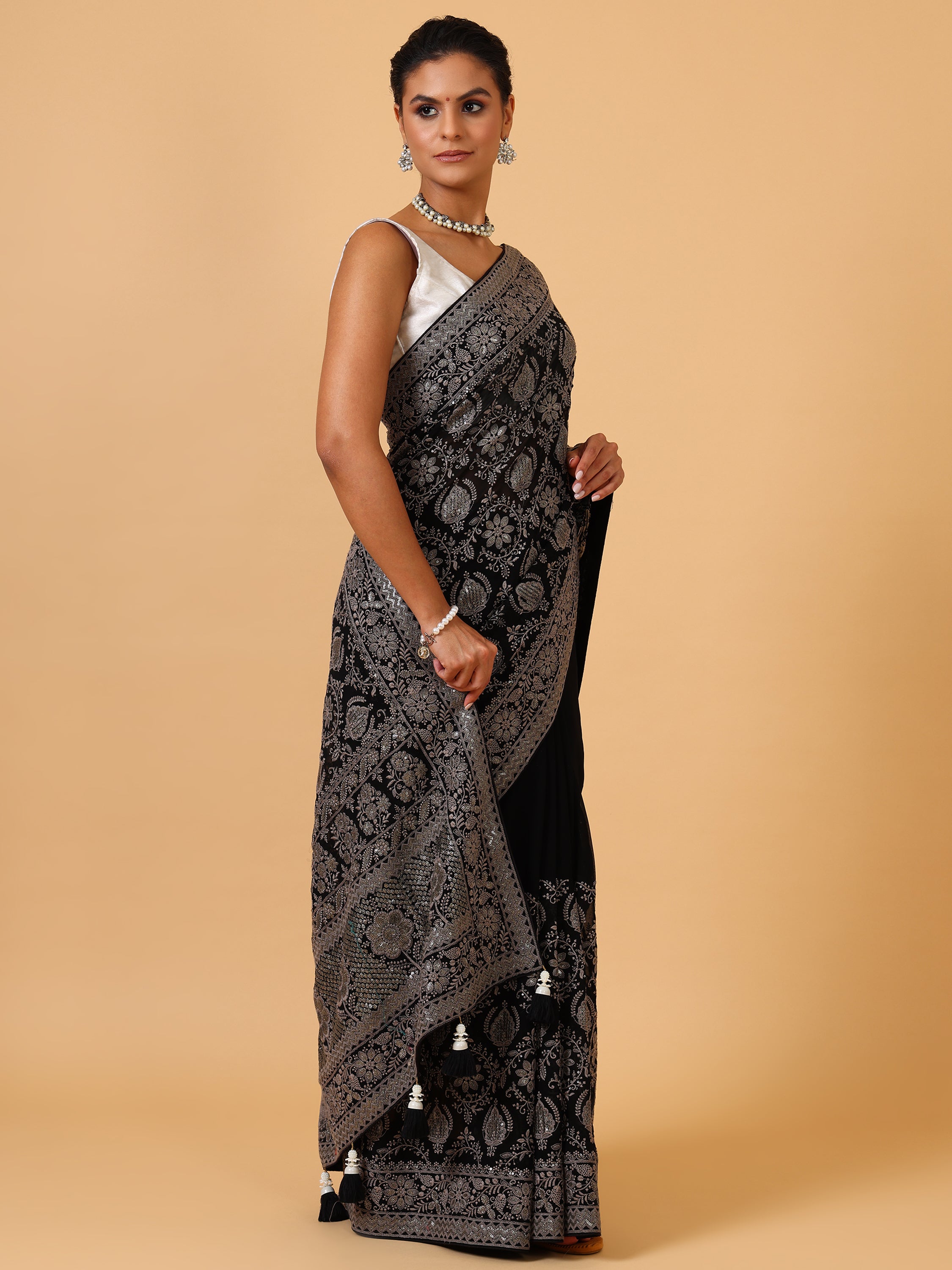 Black Lakhnavi & Sequin Georgette Saree - House of Surya