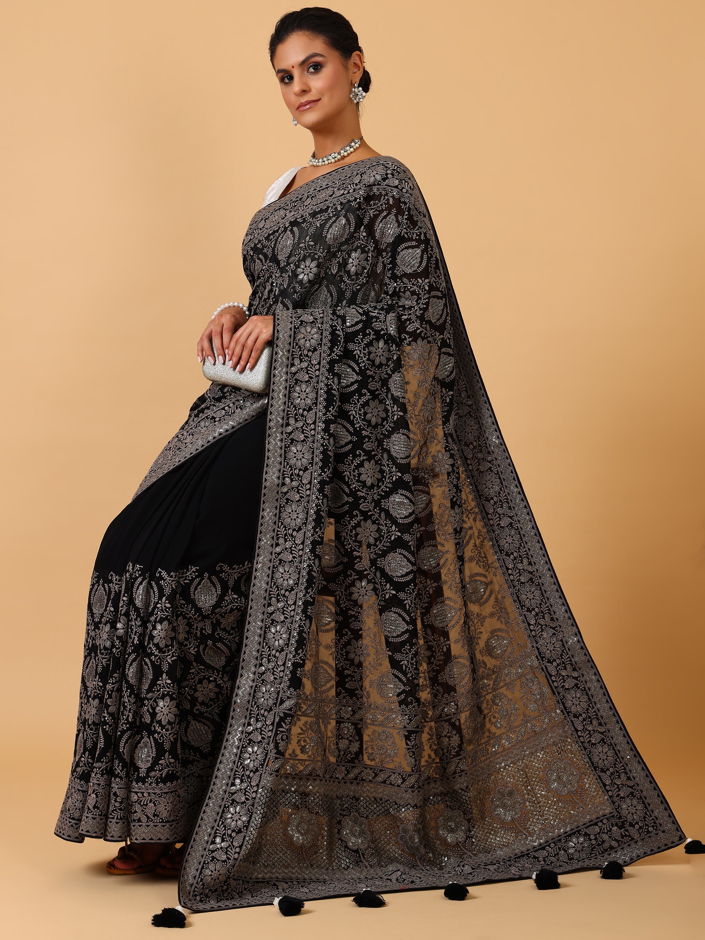 Black Lakhnavi & Sequin Georgette Saree - House of Surya