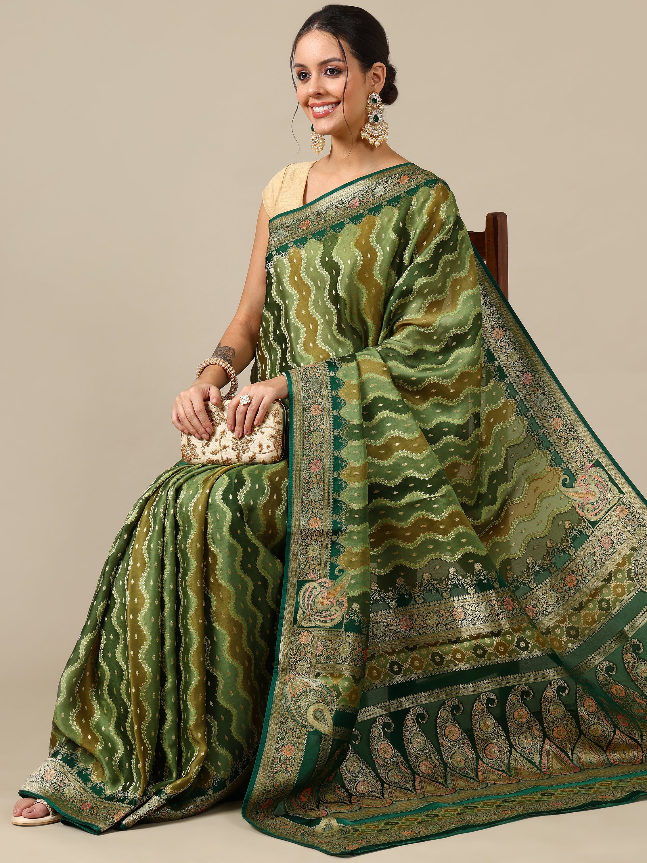 Mehandi Green Satin Organza Saree