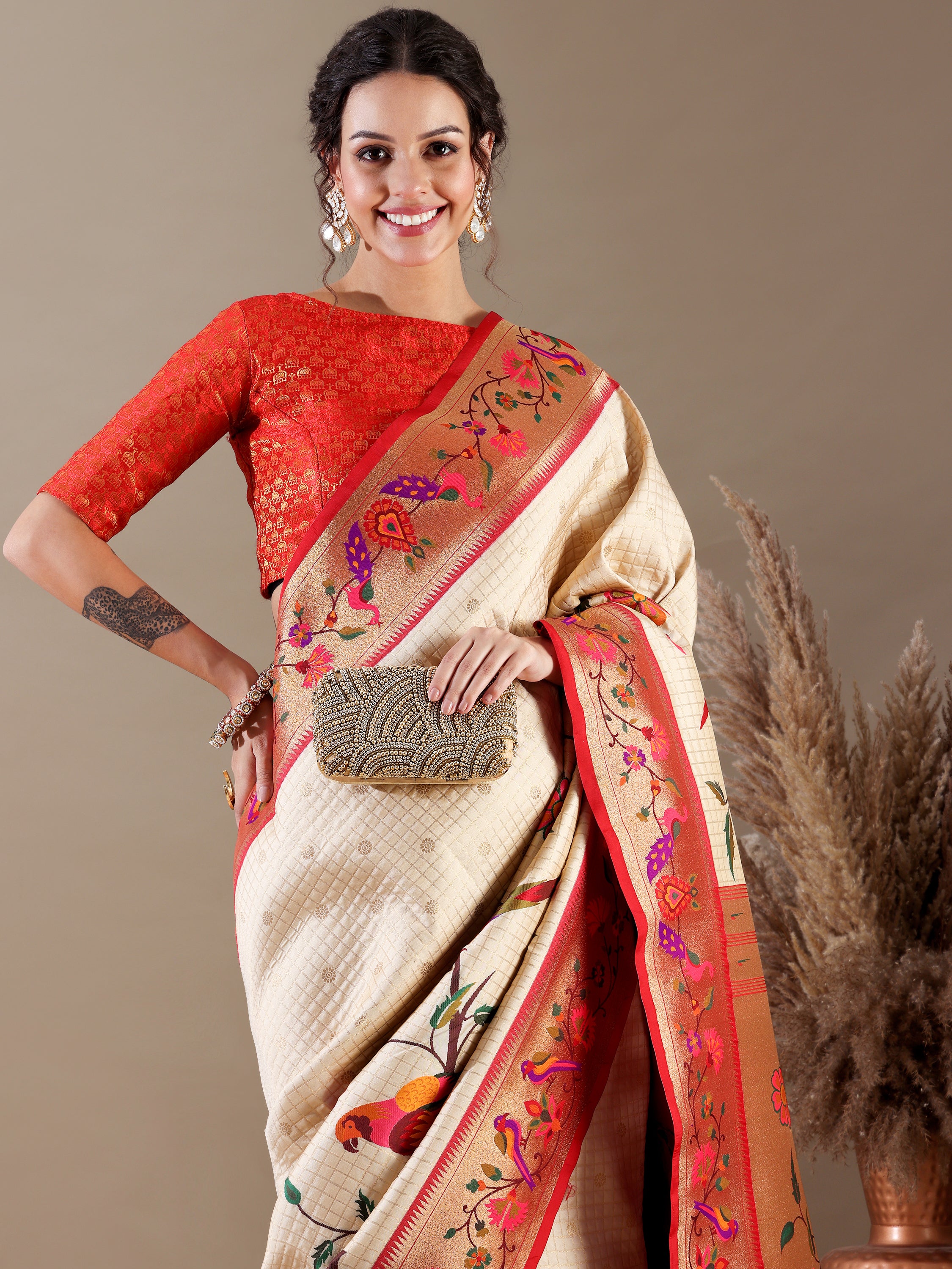 Heritage Weave Ivory and Red Silk SAREE