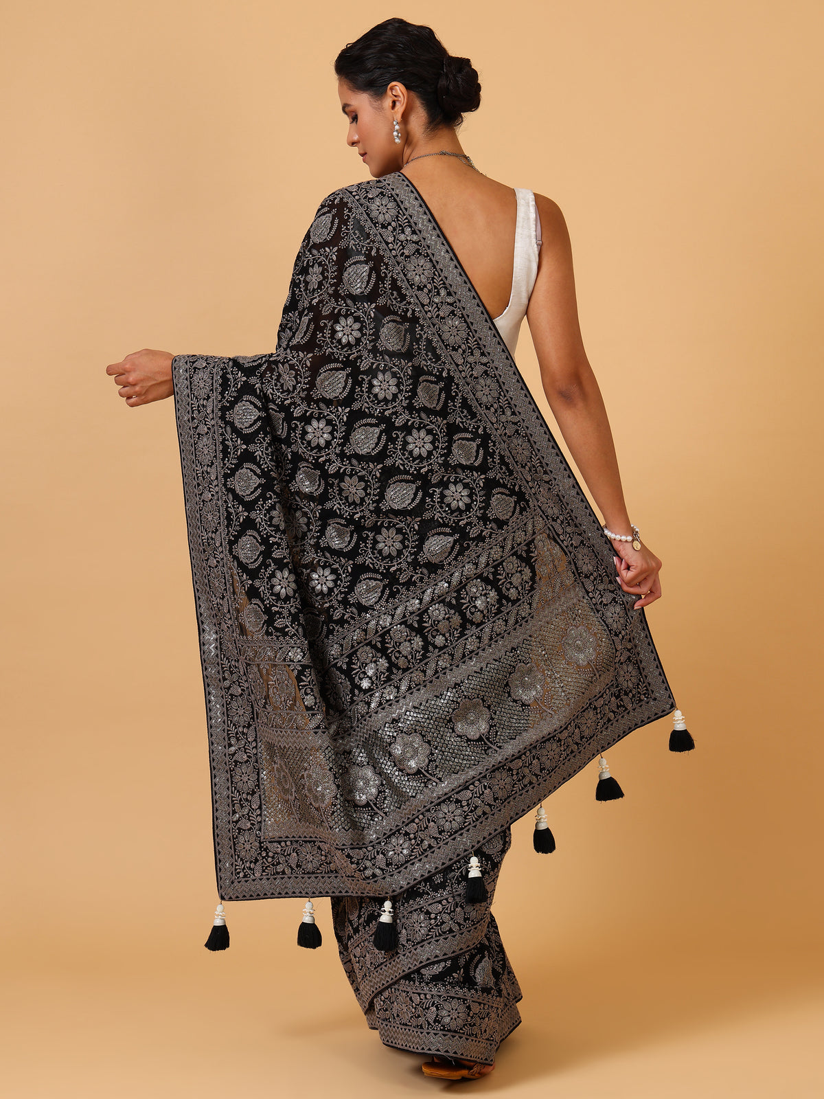 Black Lakhnavi & Sequin Georgette Saree - House of Surya