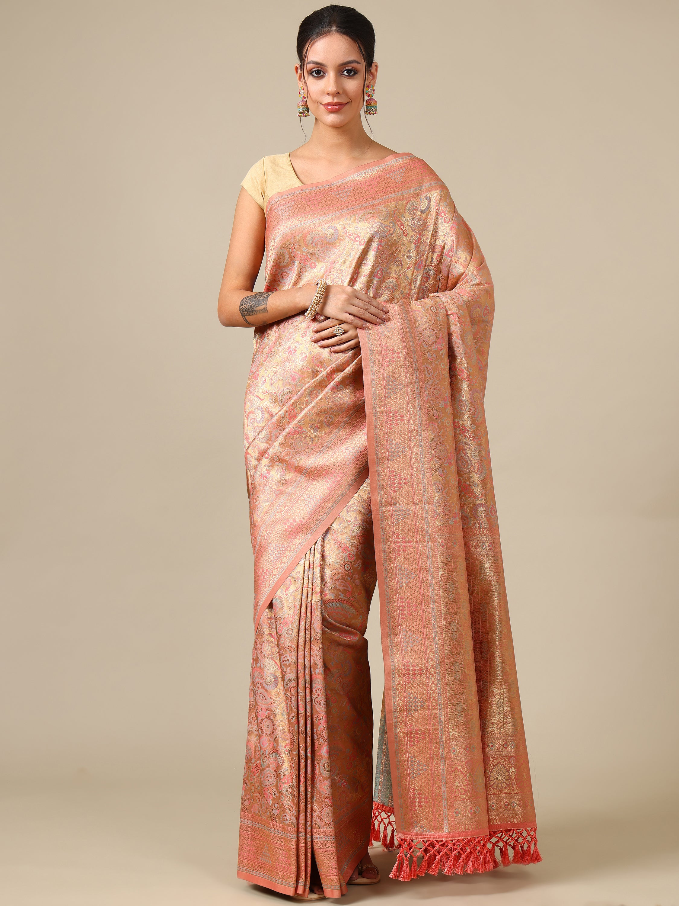 Weaving Peach Silk Saree - House of Surya