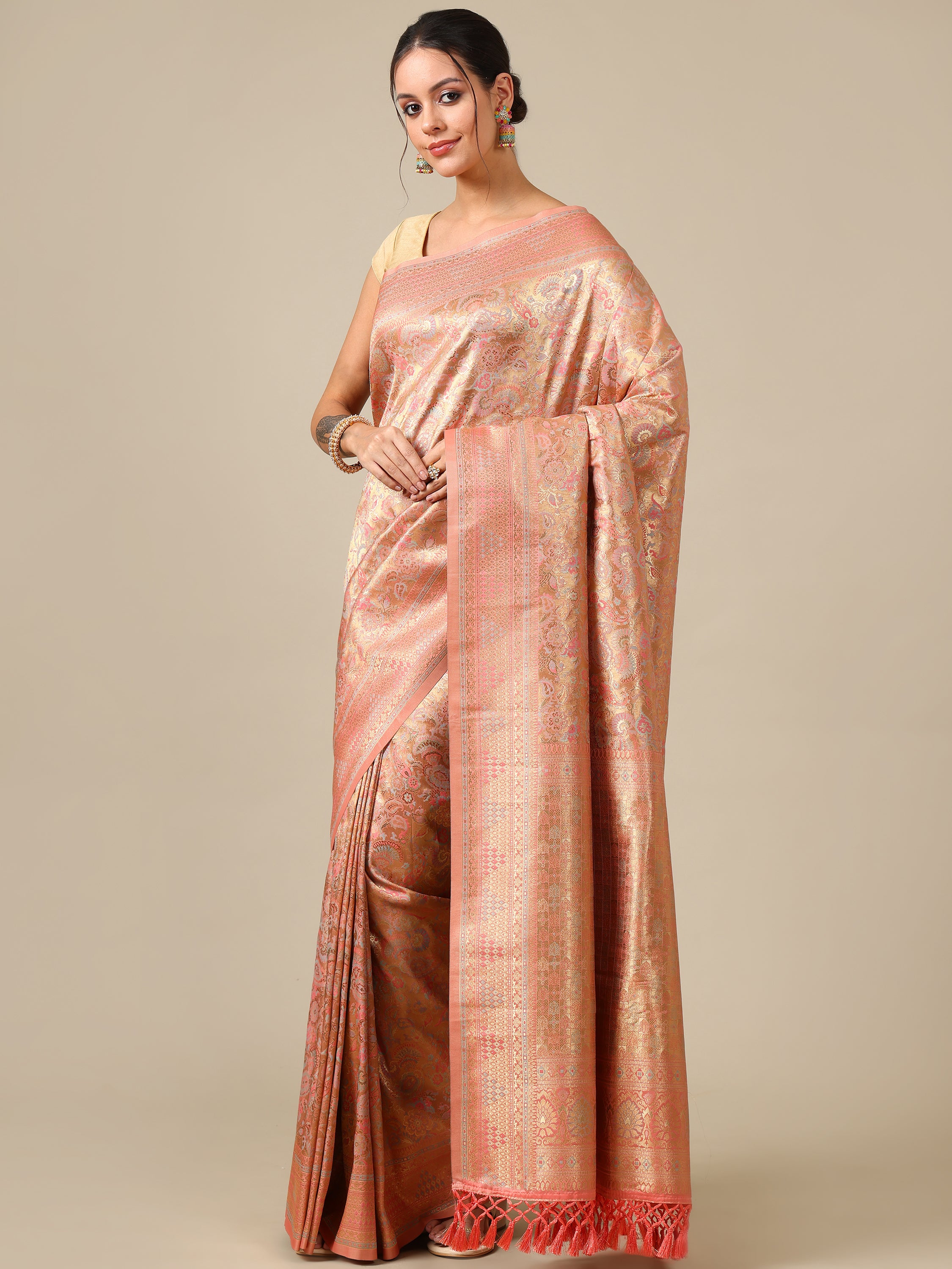 Weaving Peach Silk Saree - House of Surya