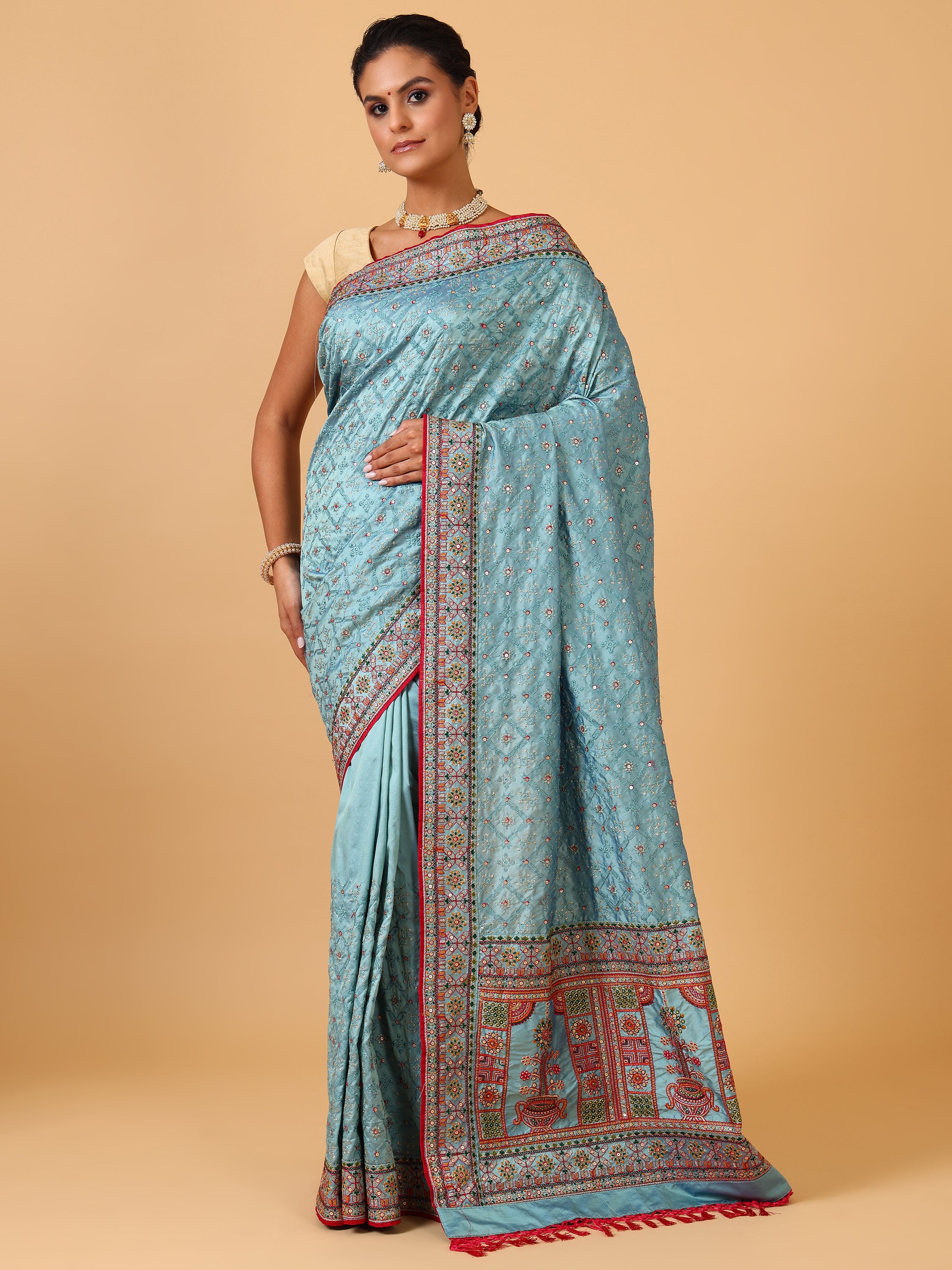 Sky Blue Resham & Sequin Silk Saree