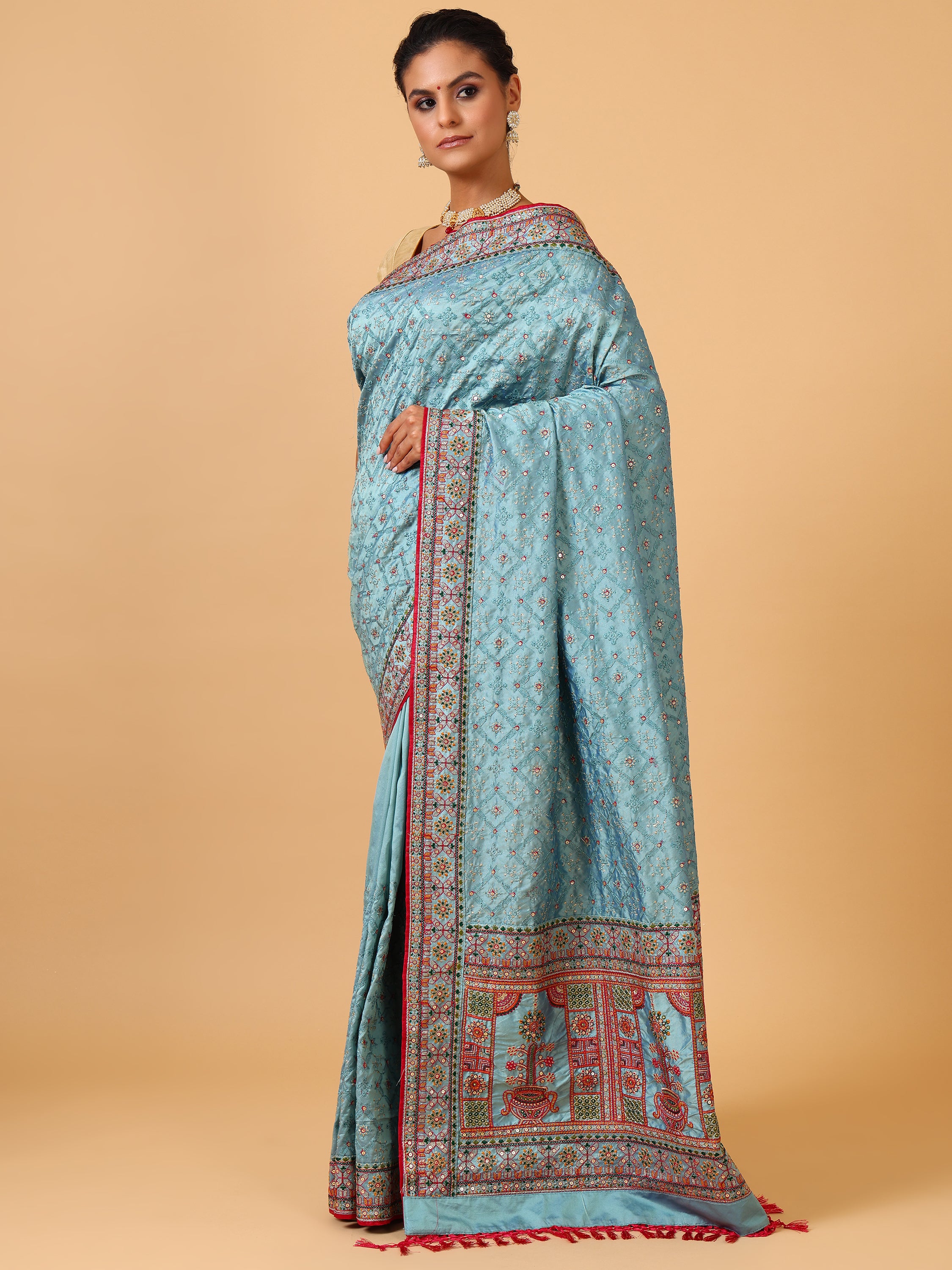 Sky Blue Resham & Sequin Silk Saree