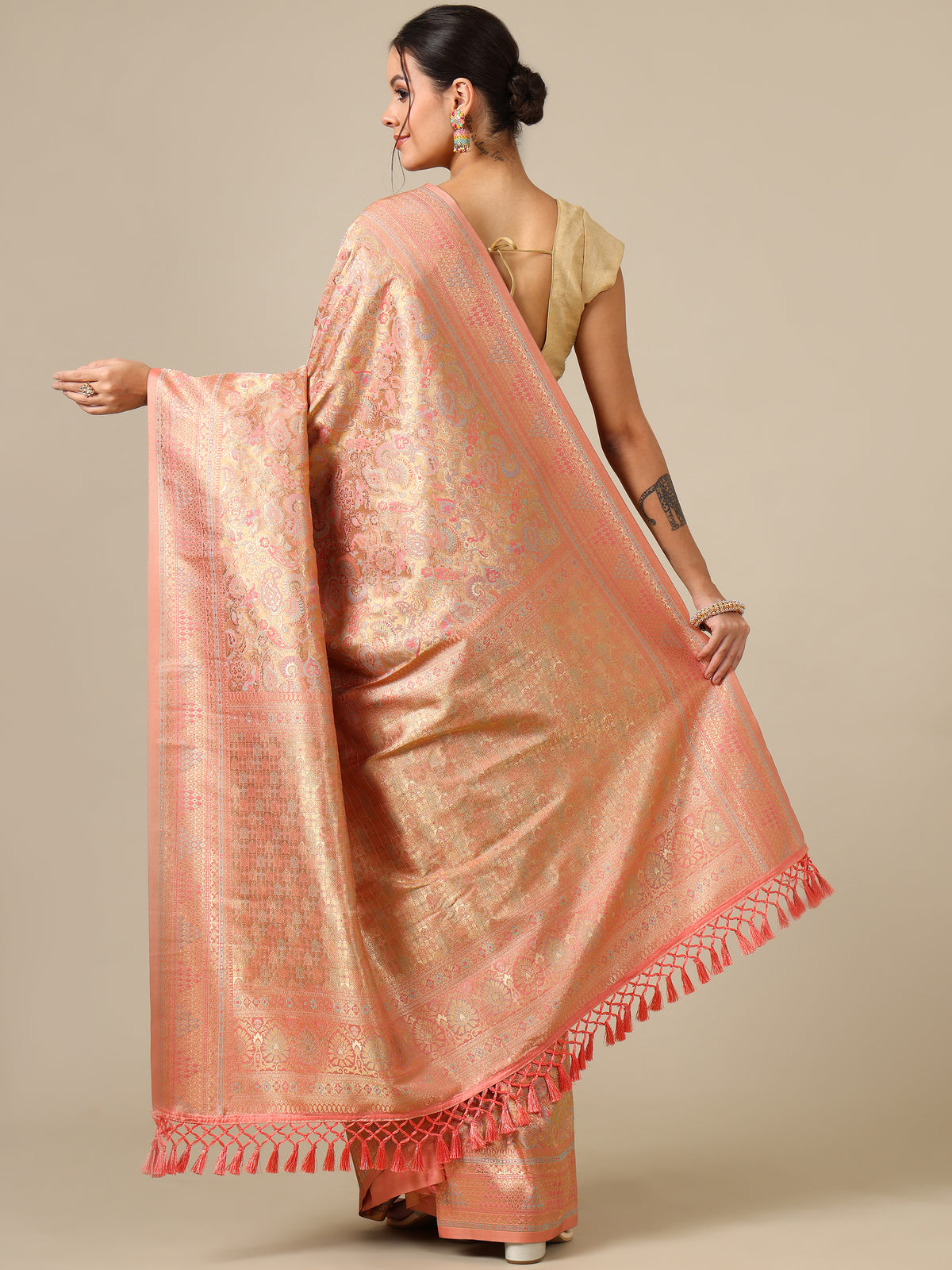 Weaving Peach Silk Saree - House of Surya