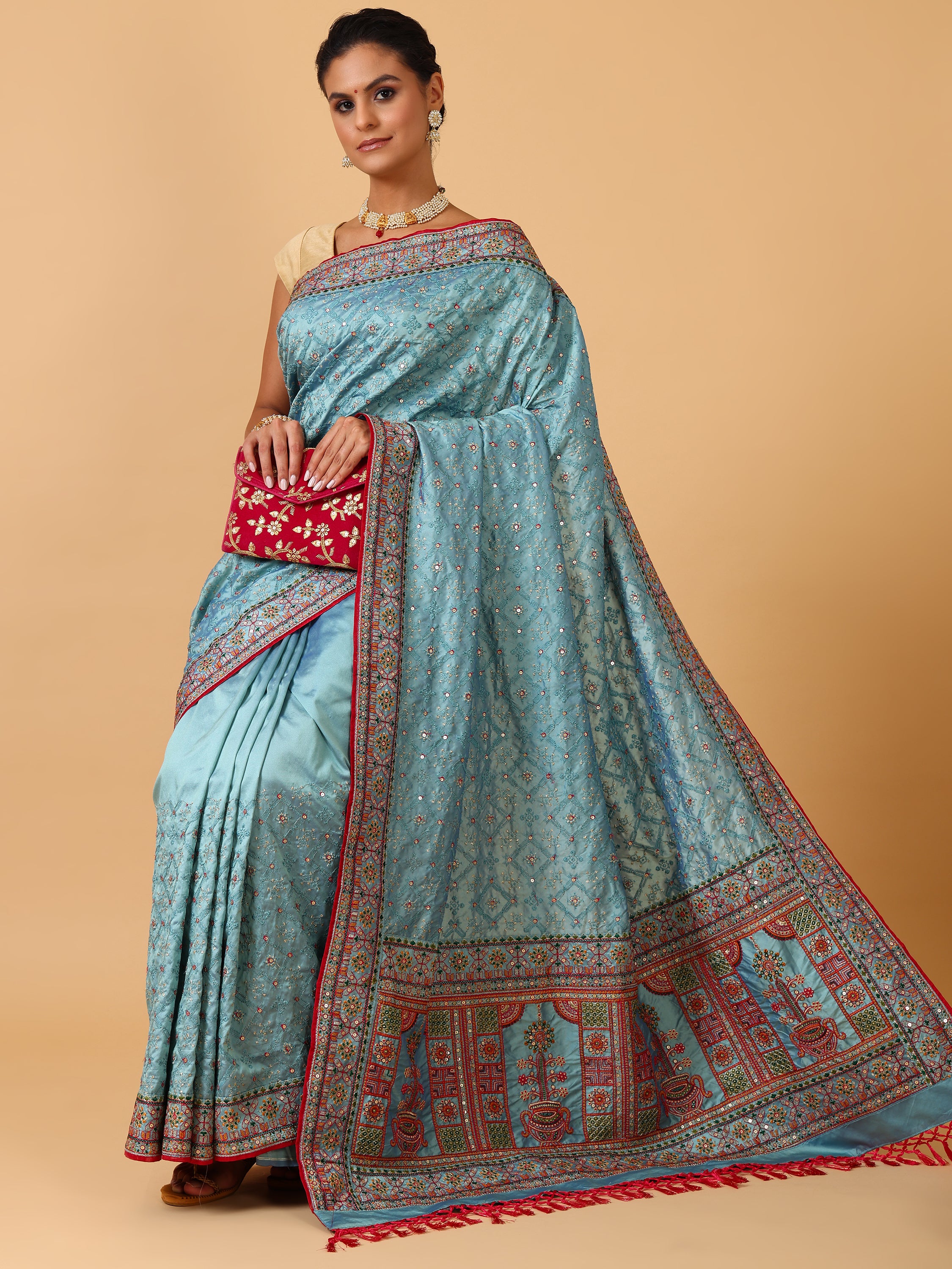 Sky Blue Resham & Sequin Silk Saree