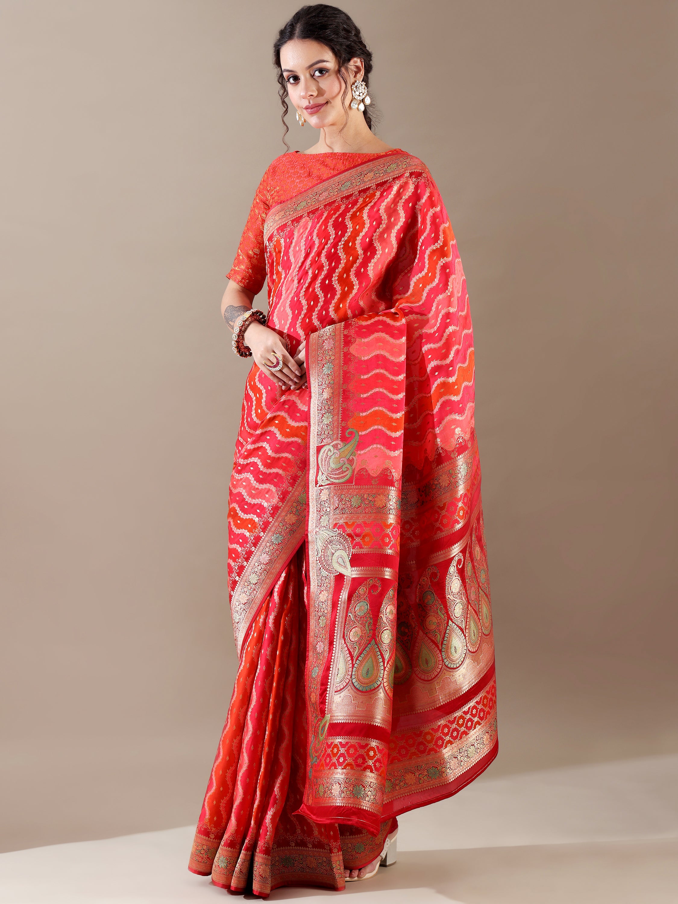 Luxurious Red Satin Organza Weave SAREE - House of Surya