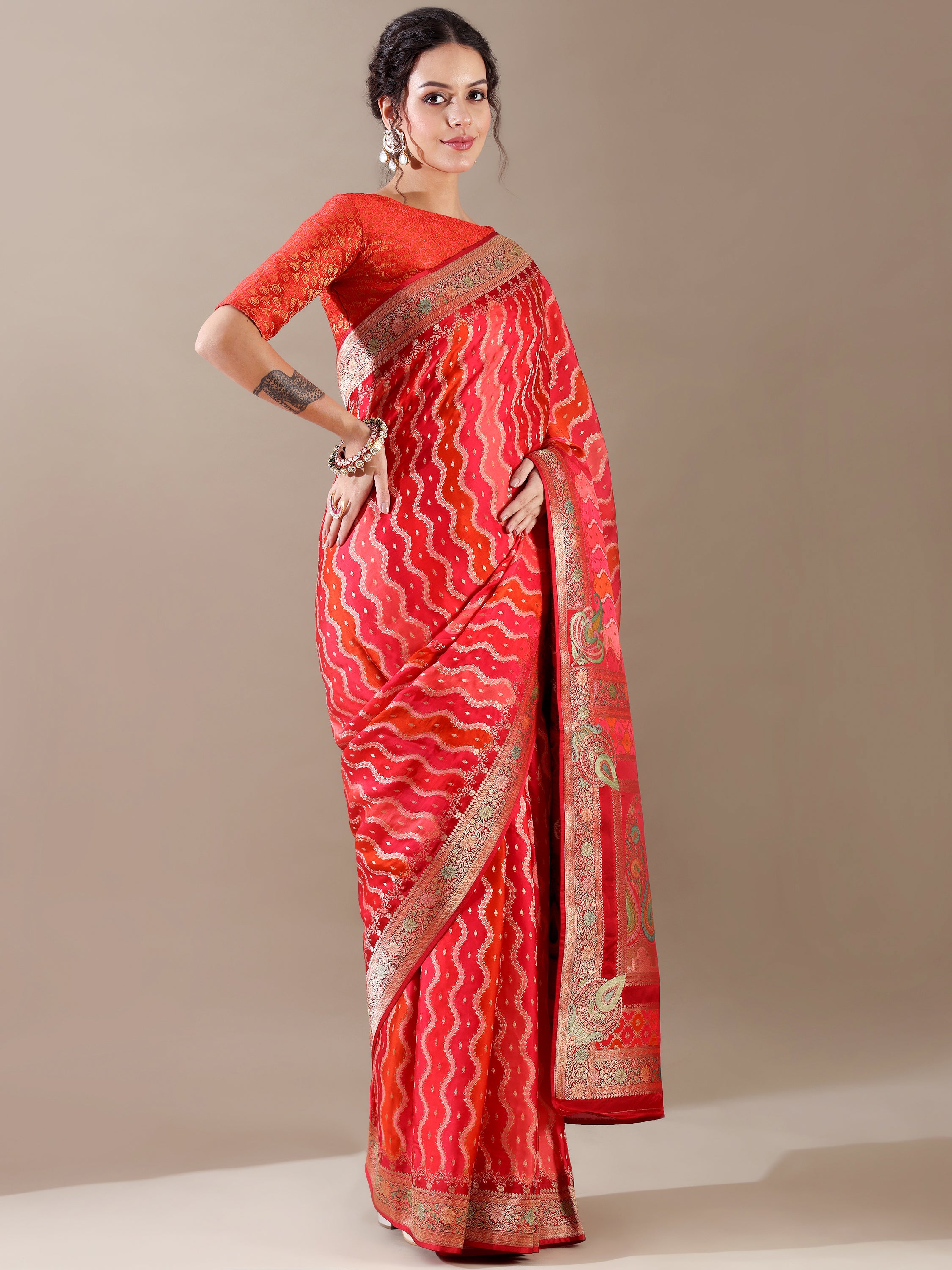 Luxurious Red Satin Organza Weave SAREE - House of Surya