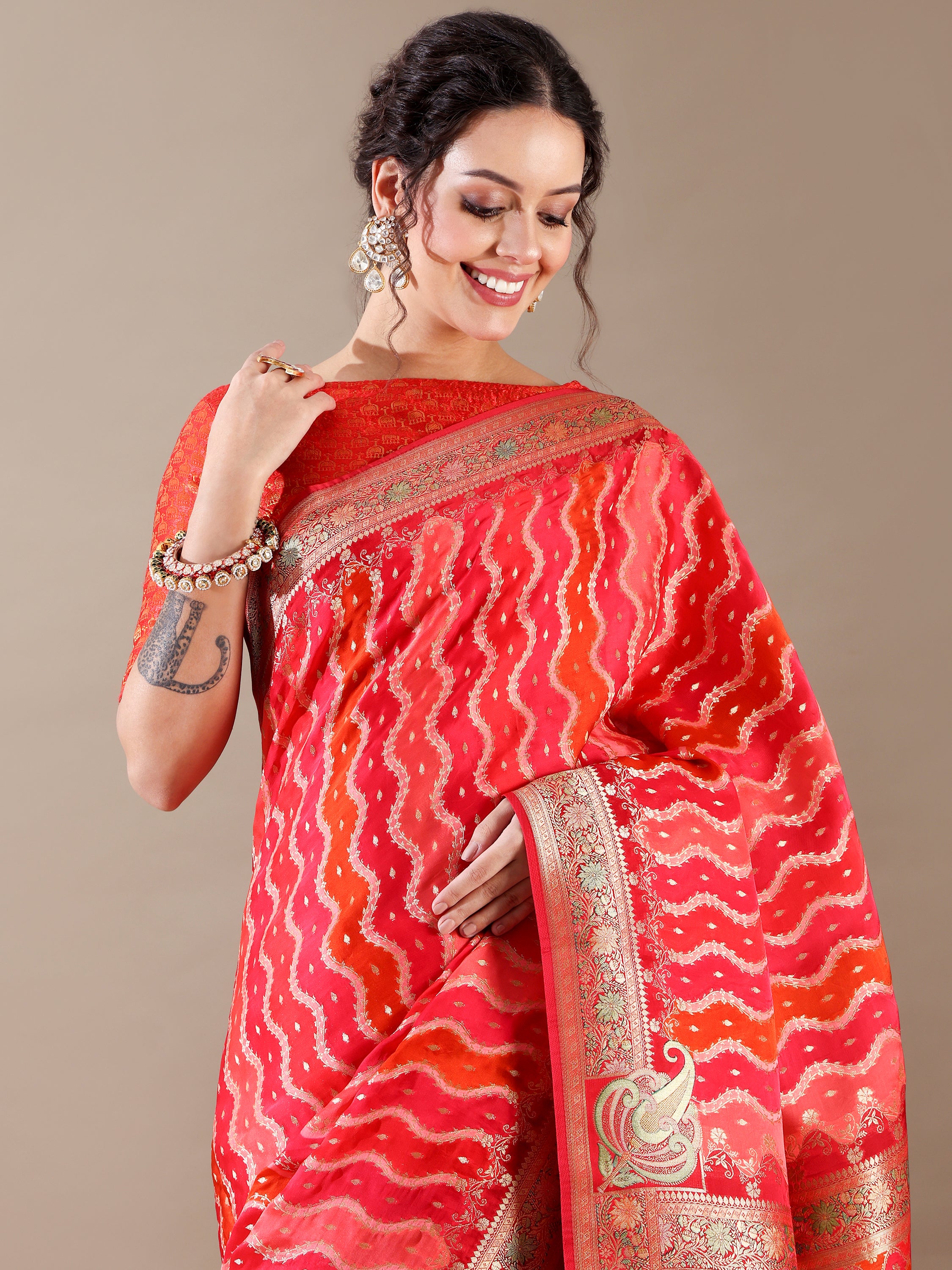 Luxurious Red Satin Organza Weave SAREE - House of Surya