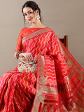 Luxurious Red Satin Organza Weave SAREE - House of Surya