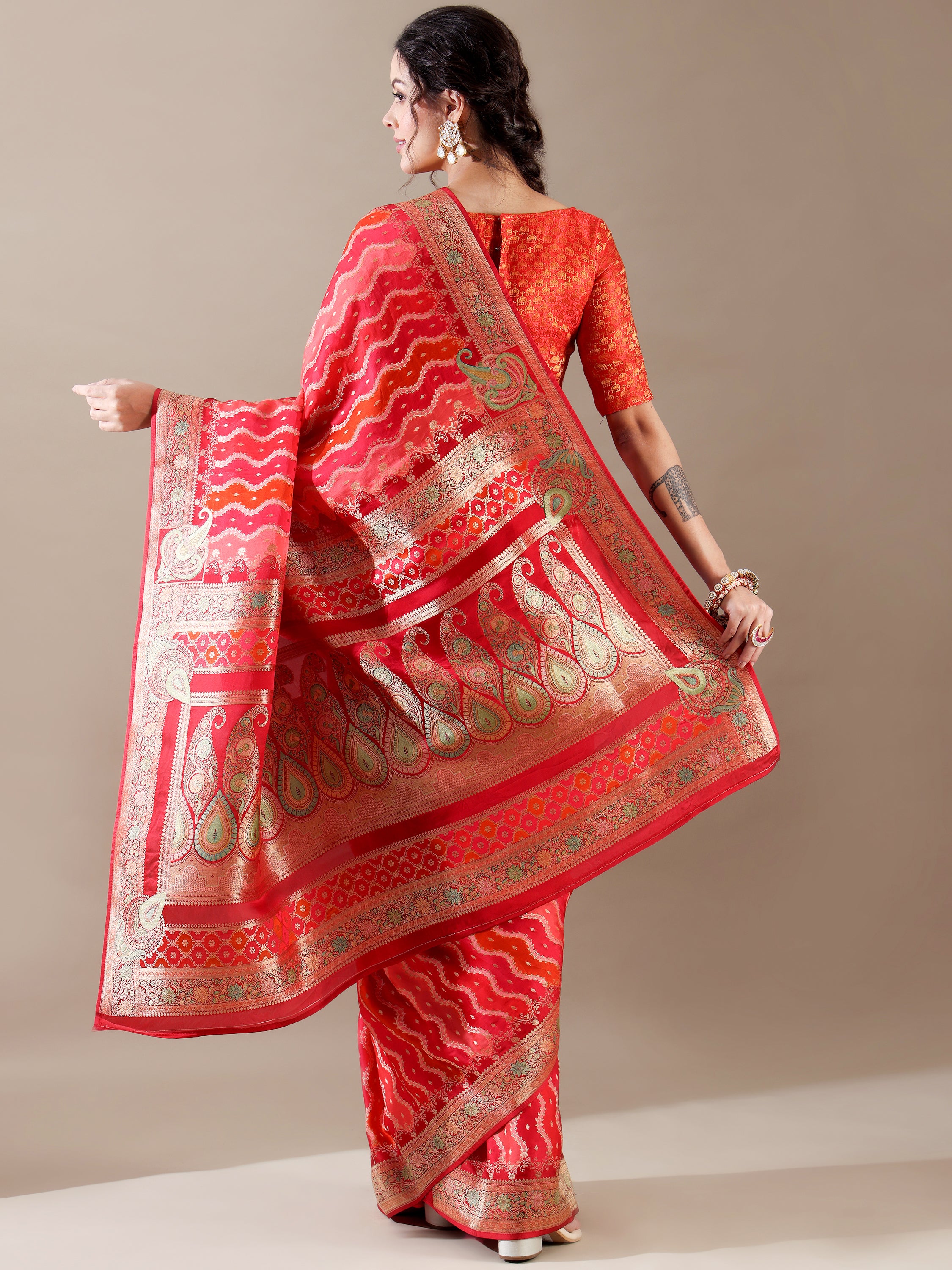 Luxurious Red Satin Organza Weave SAREE - House of Surya