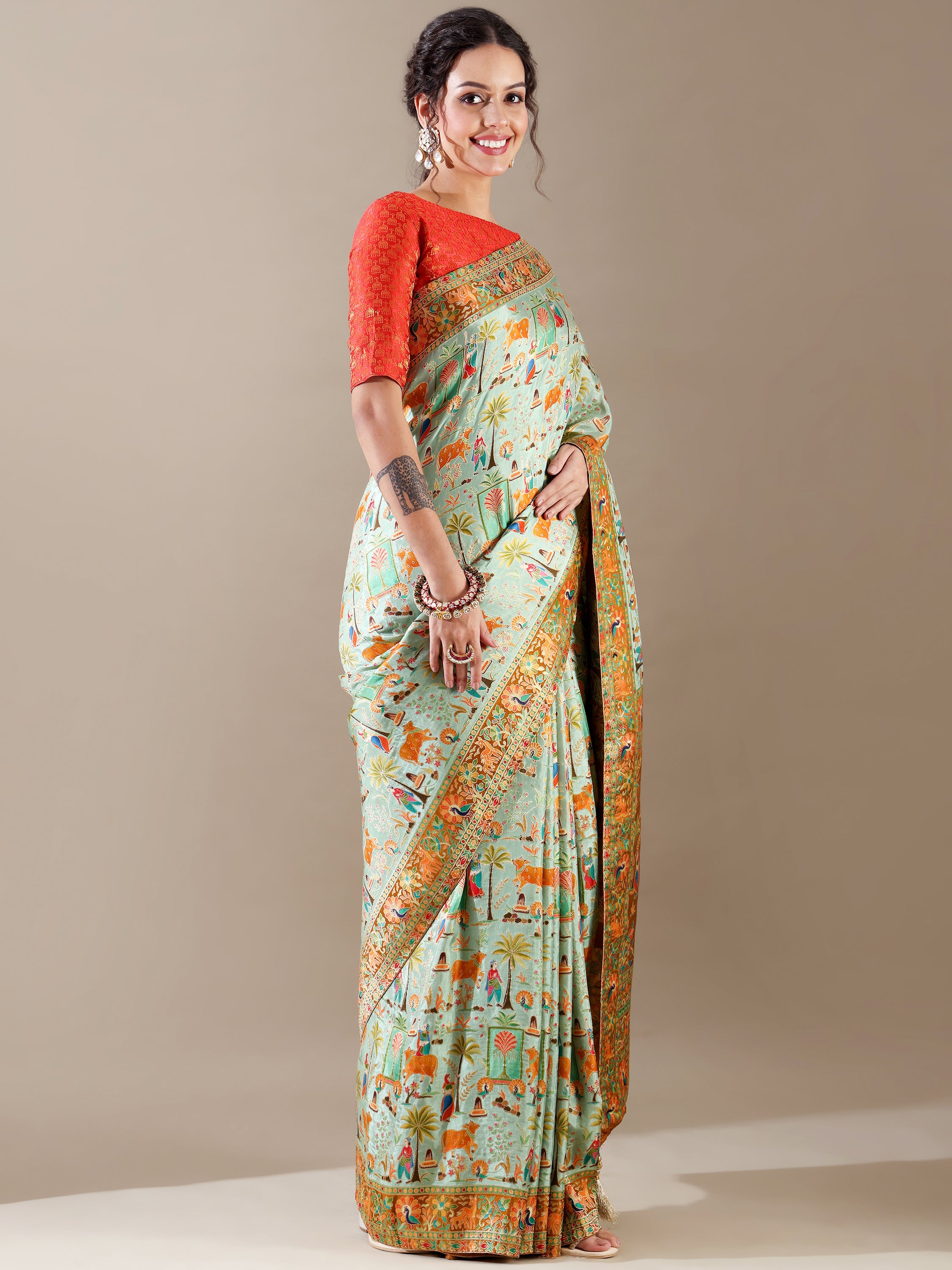 Mint-Green Dola Silk Weave SAREE - House of Surya