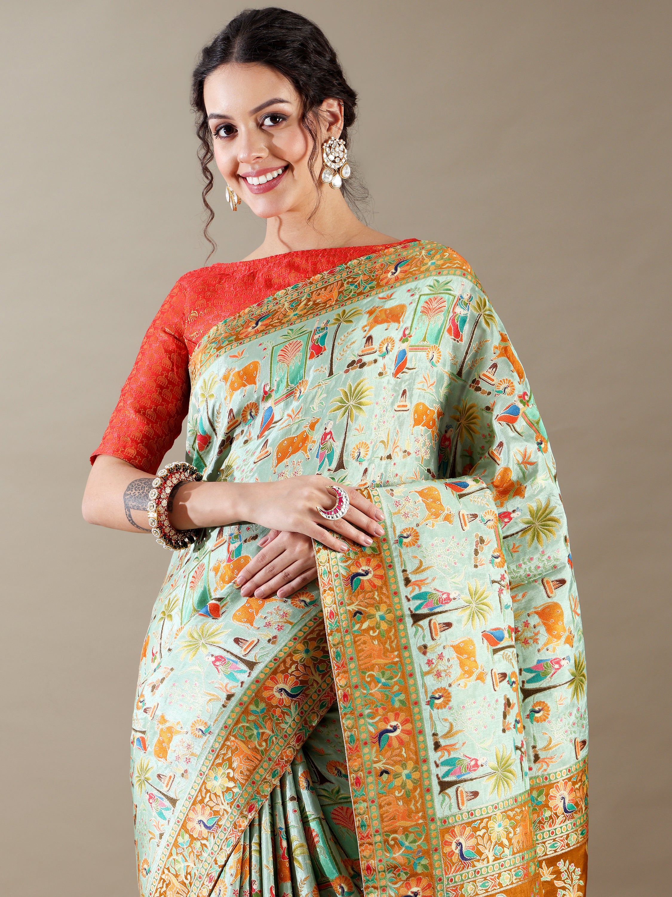 Mint-Green Dola Silk Weave SAREE - House of Surya