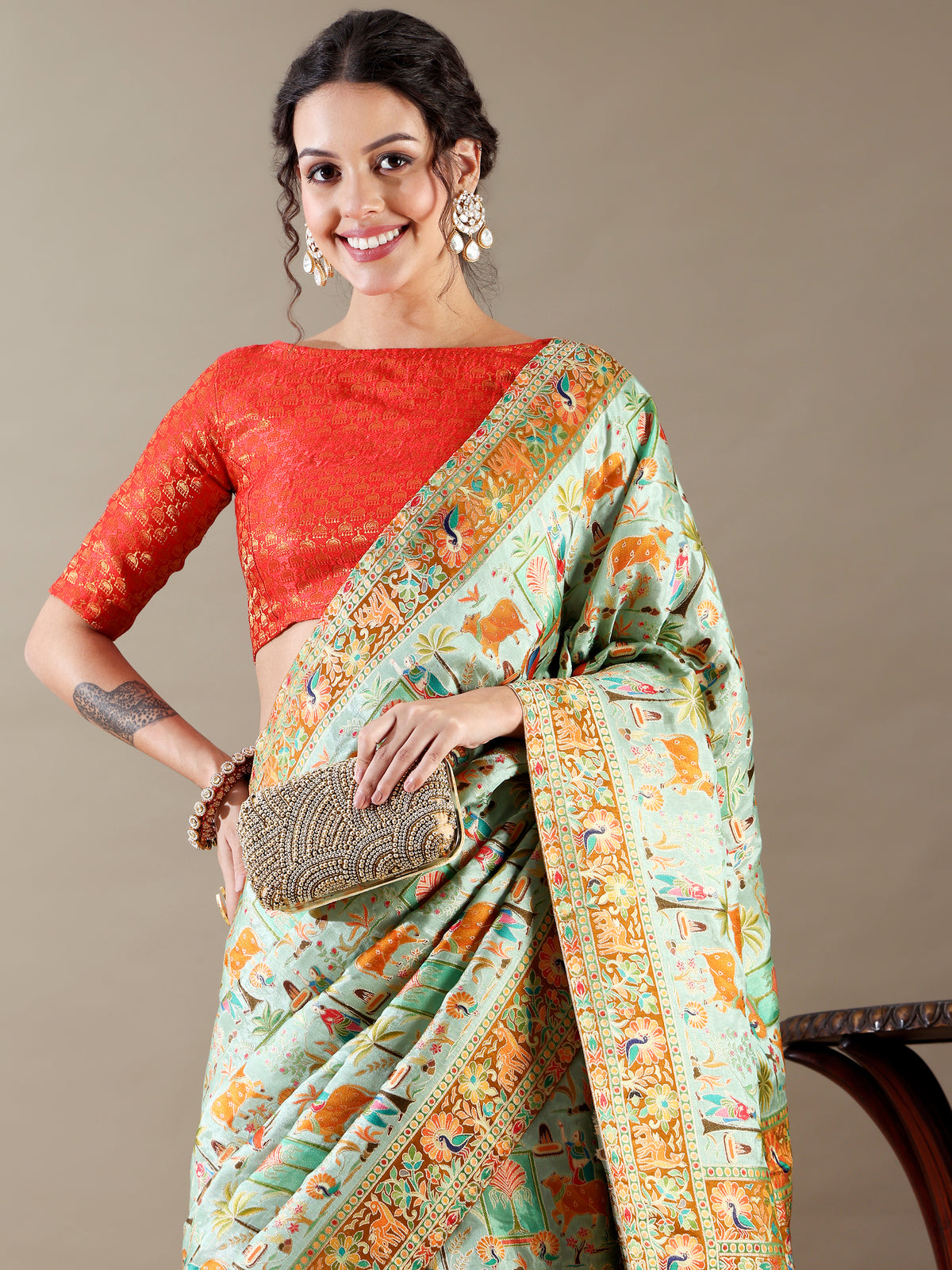 Mint-Green Dola Silk Weave SAREE - House of Surya