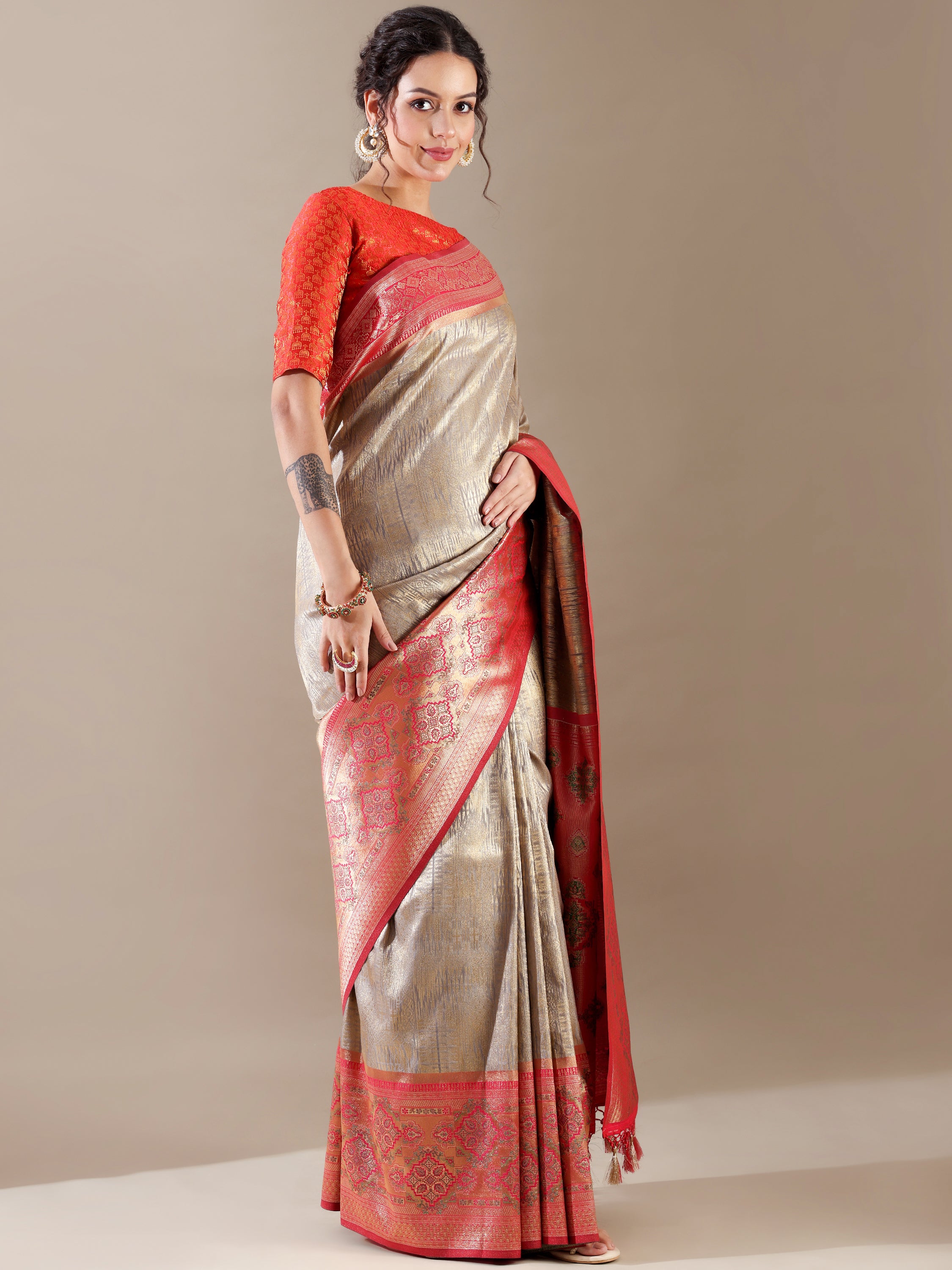 Grey and Rani Silk Weave SAREE