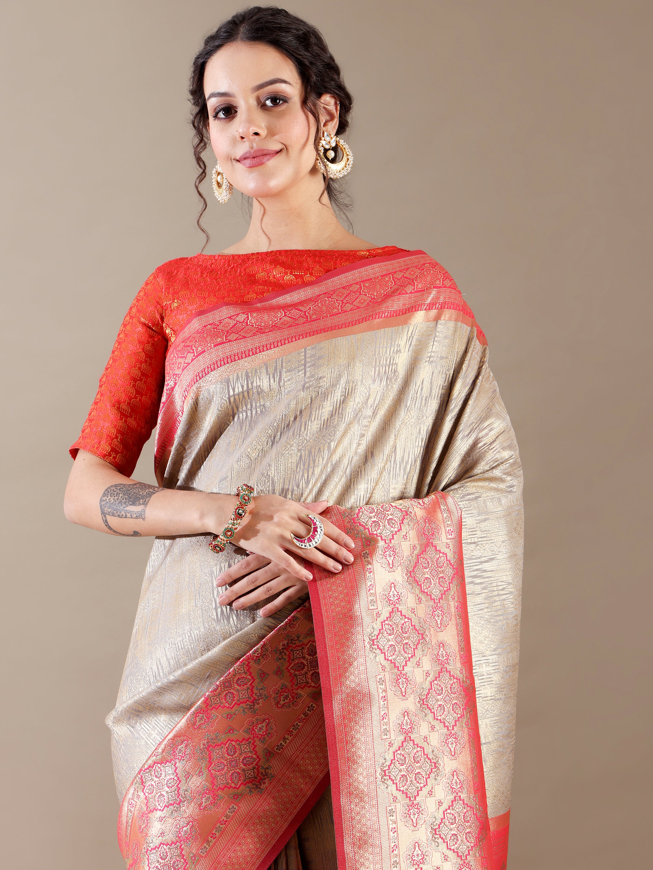 Grey and Rani Silk Weave SAREE