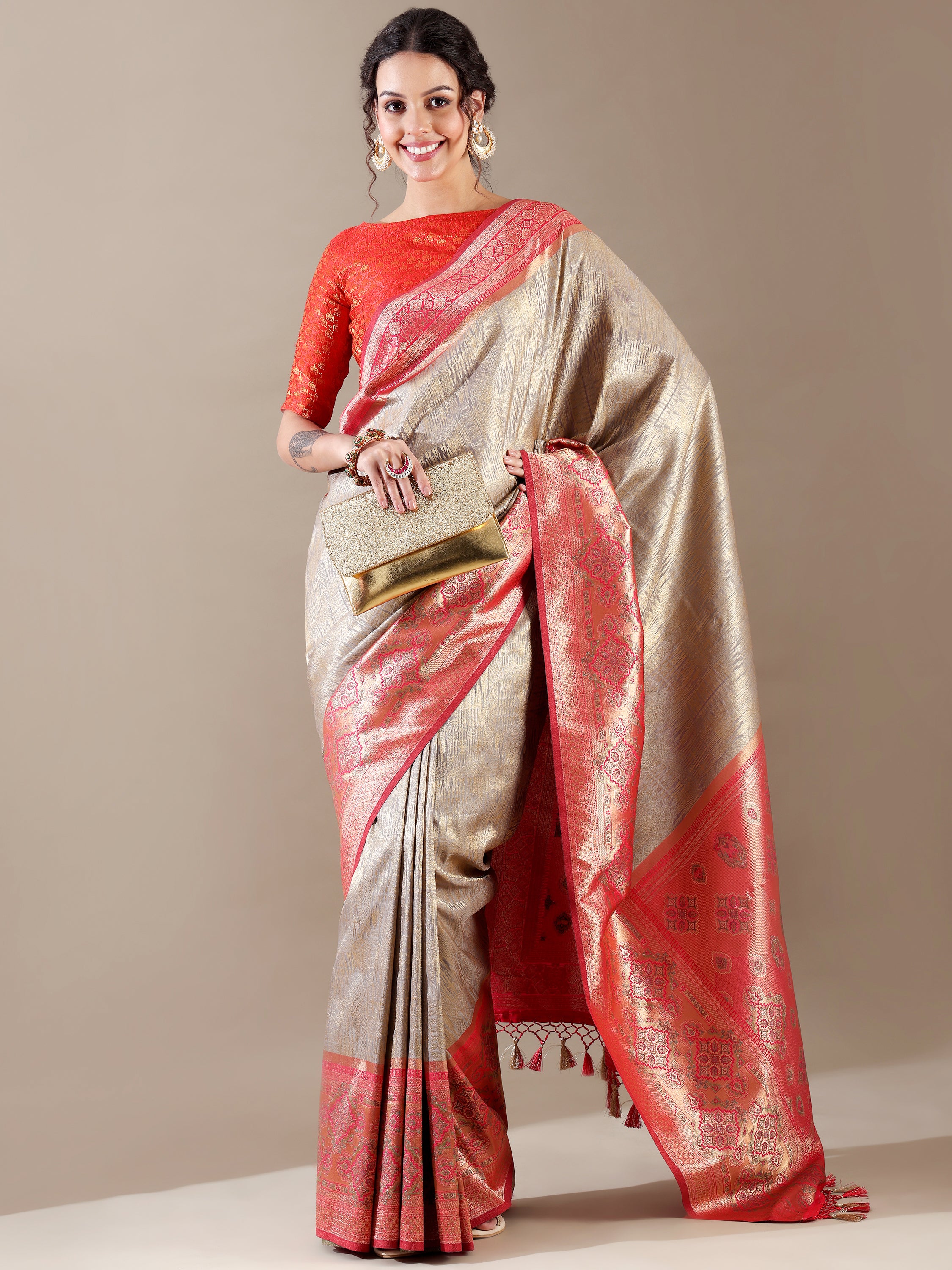 Grey and Rani Silk Weave SAREE