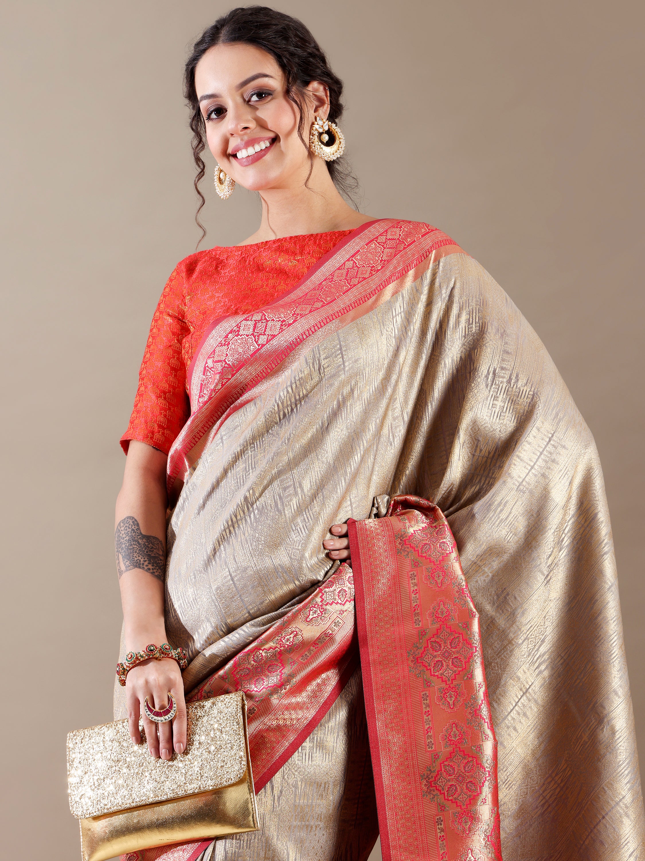 Grey and Rani Silk Weave SAREE