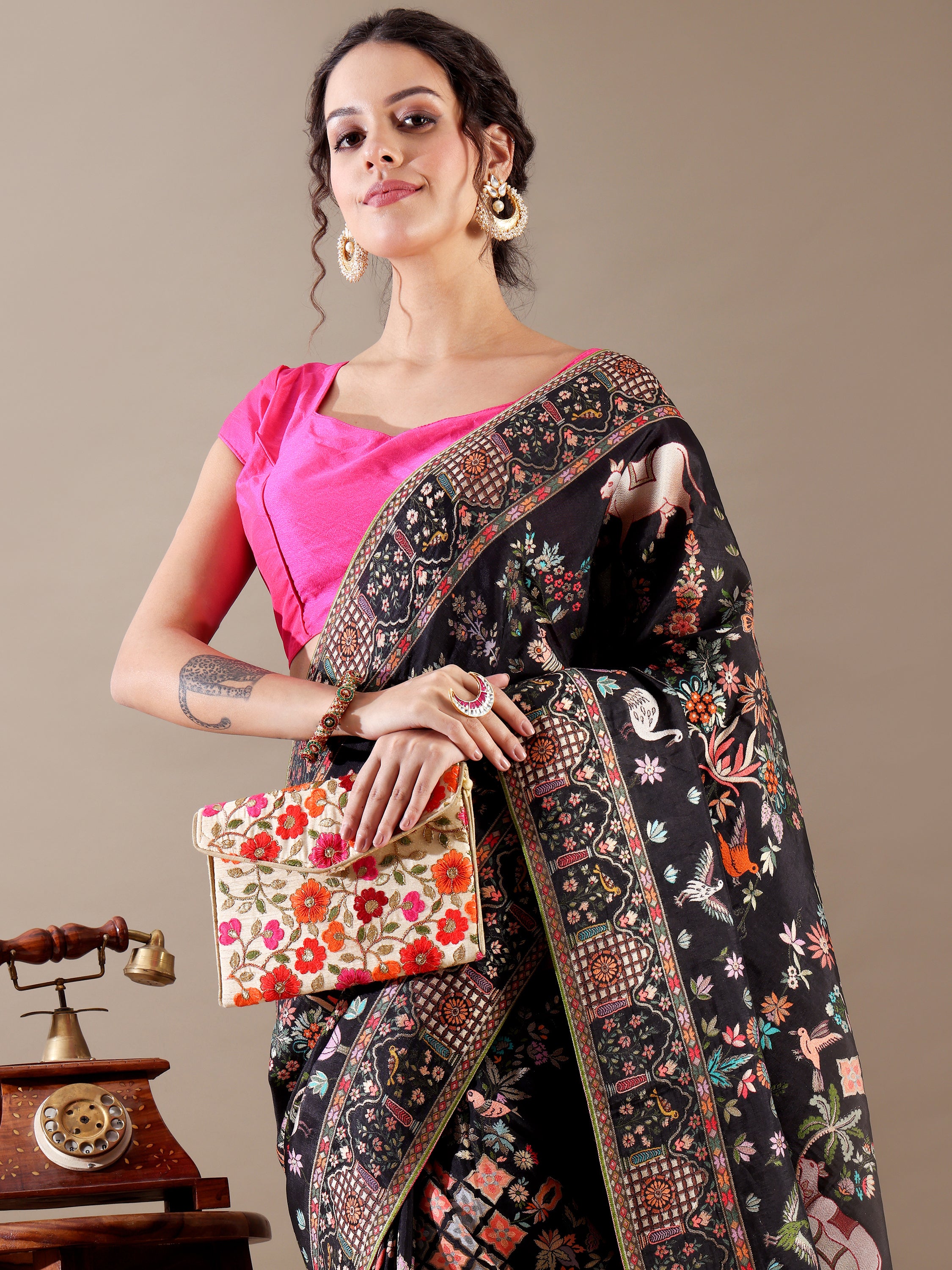 Black Silk Weaving Saree - House of Surya