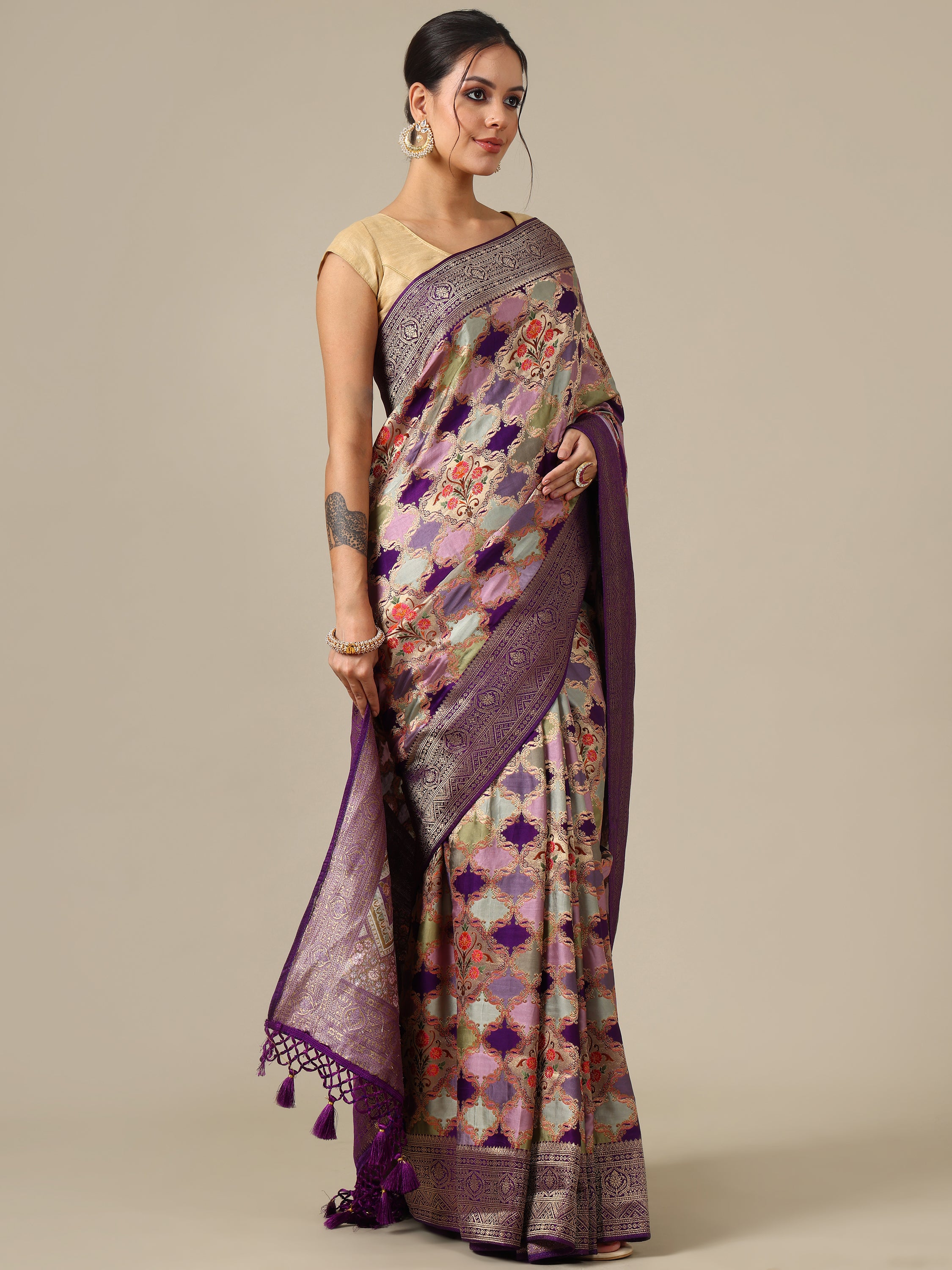 Purple Satin Silk Saree - House of Surya