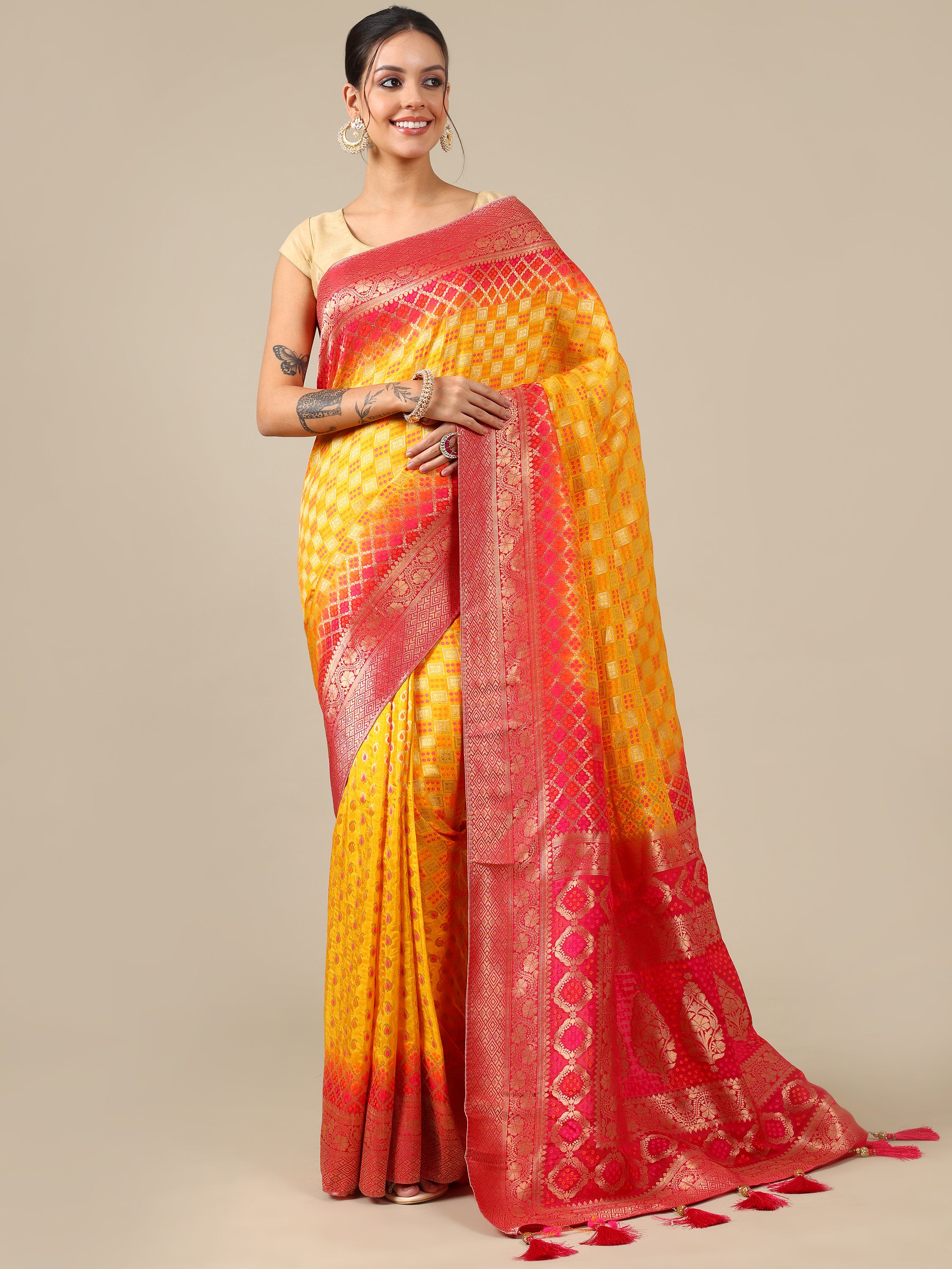 Vibrant Yellow Dola Silk Saree