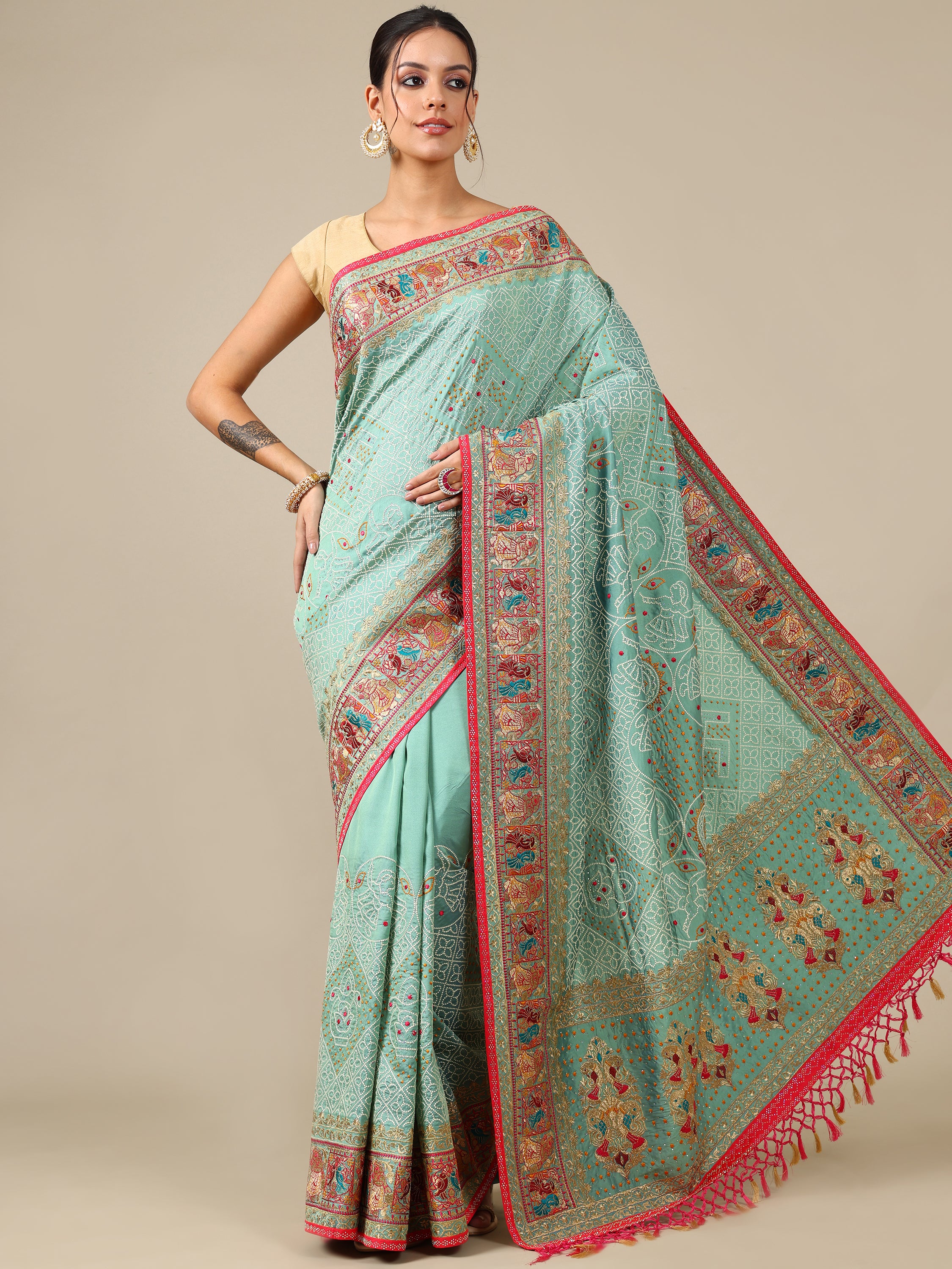 Sea Green Resham & Zari Silk Saree - House of Surya