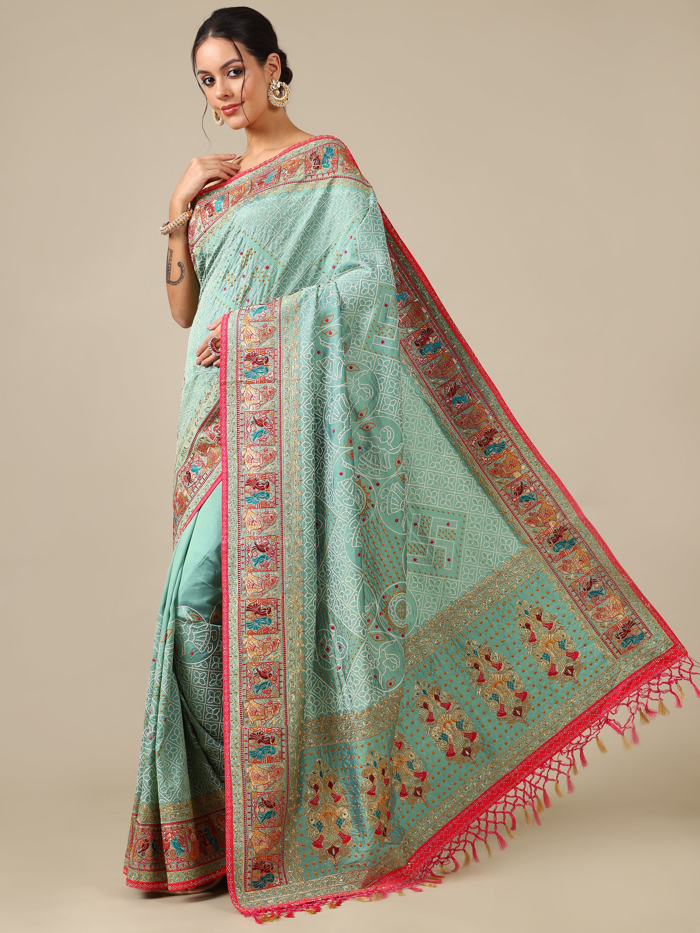 Sea Green Resham & Zari Silk Saree - House of Surya