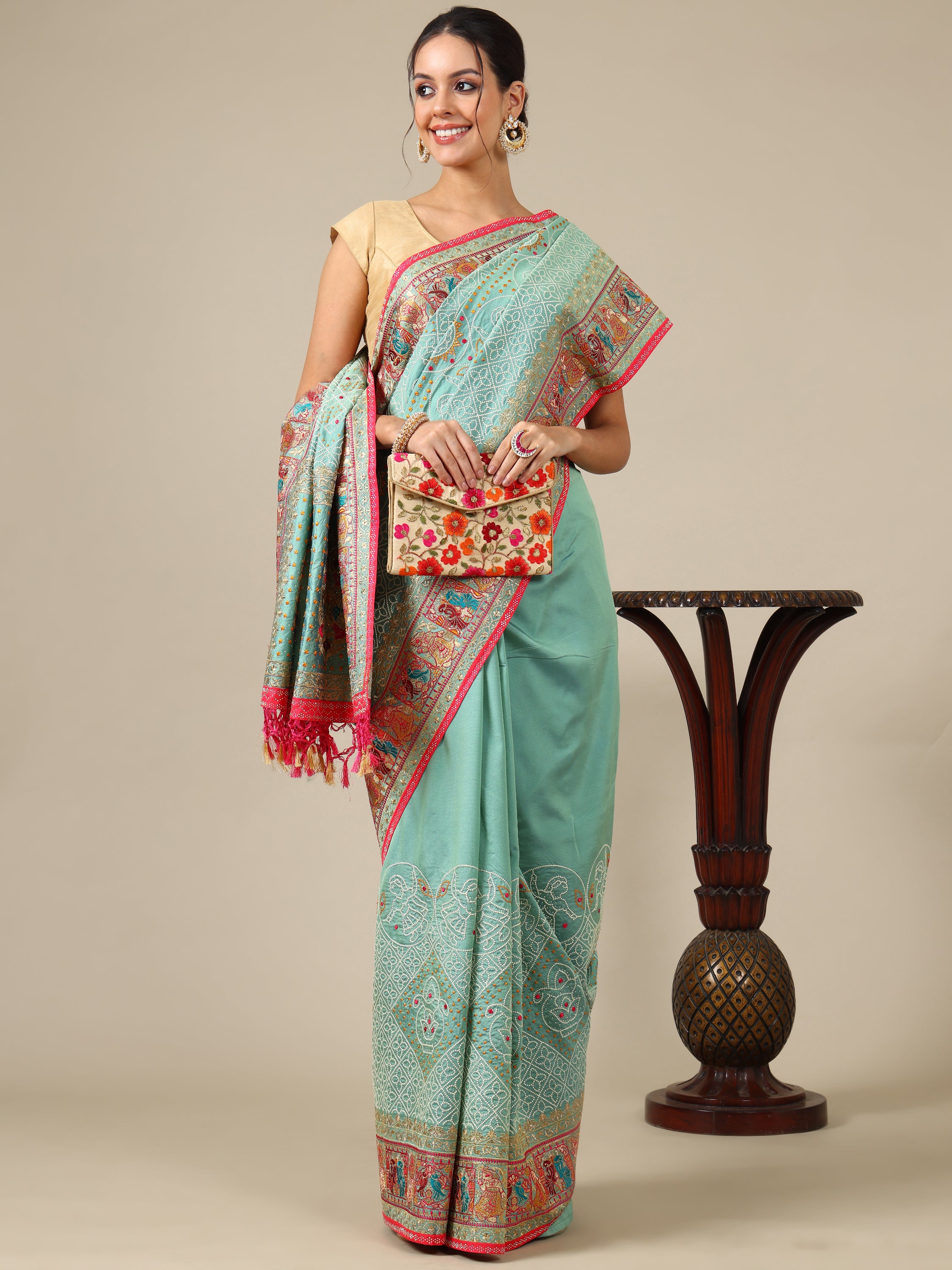 Sea Green Resham & Zari Silk Saree - House of Surya