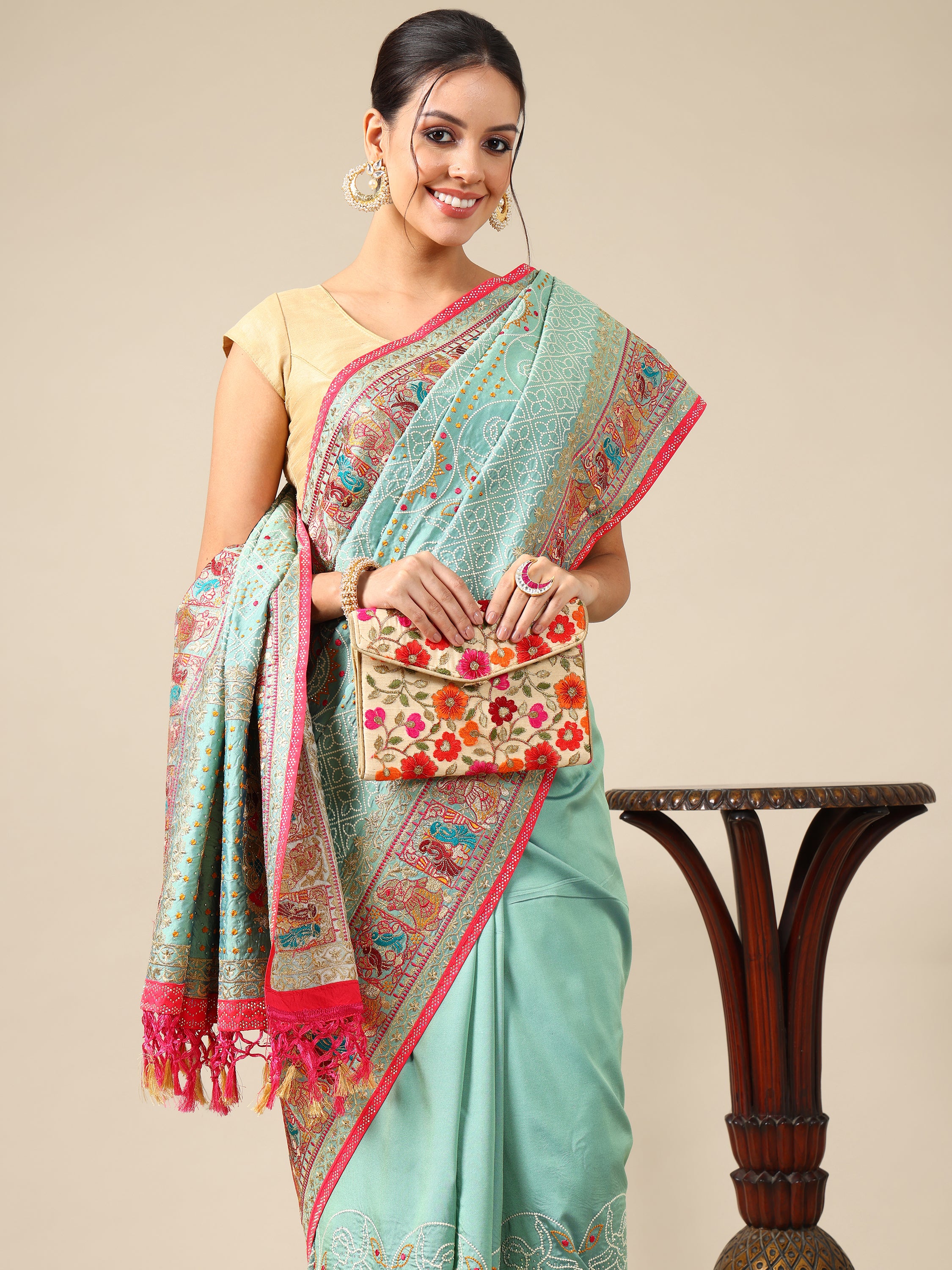 Sea Green Resham & Zari Silk Saree - House of Surya