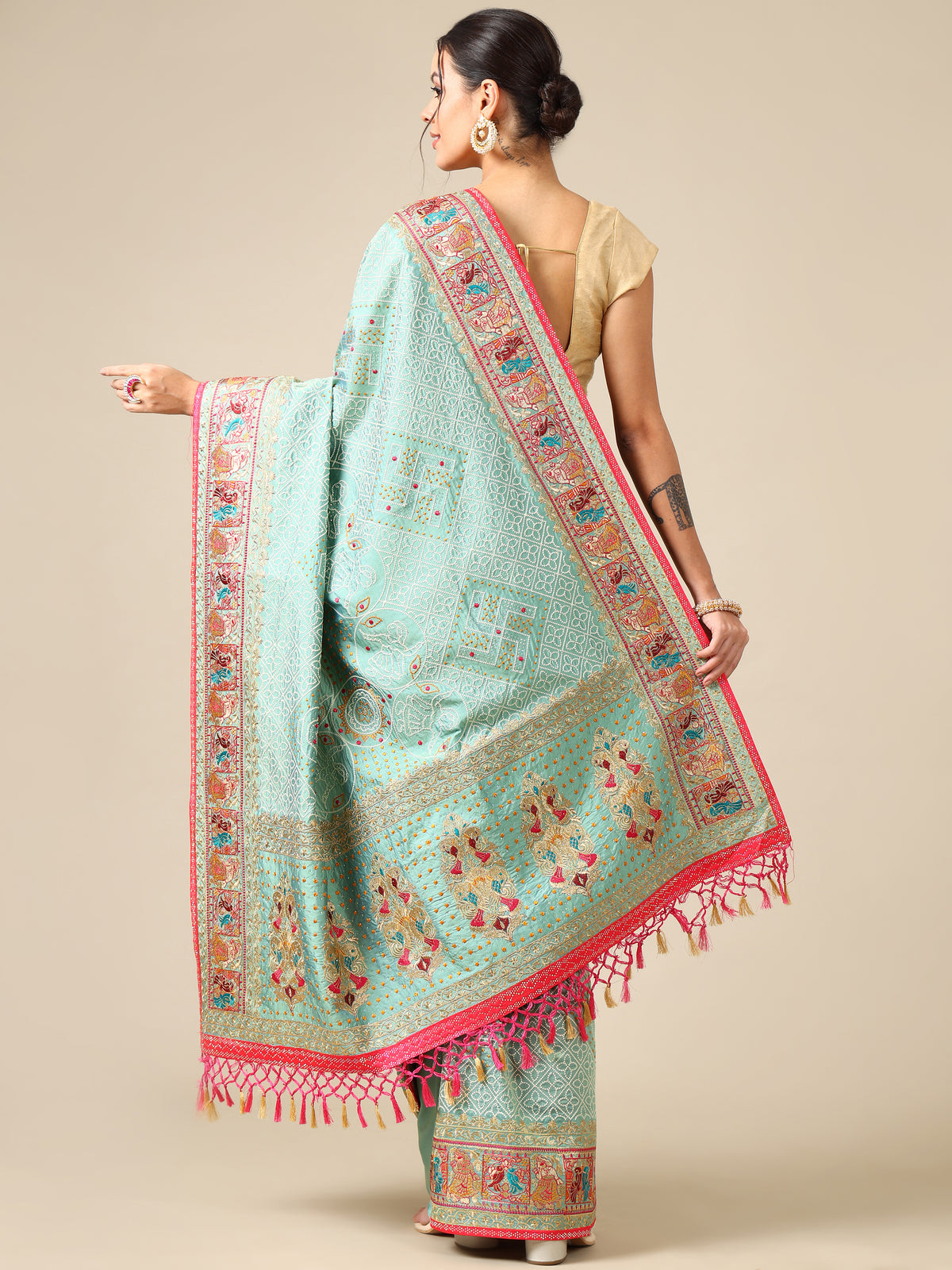 Sea Green Resham & Zari Silk Saree - House of Surya