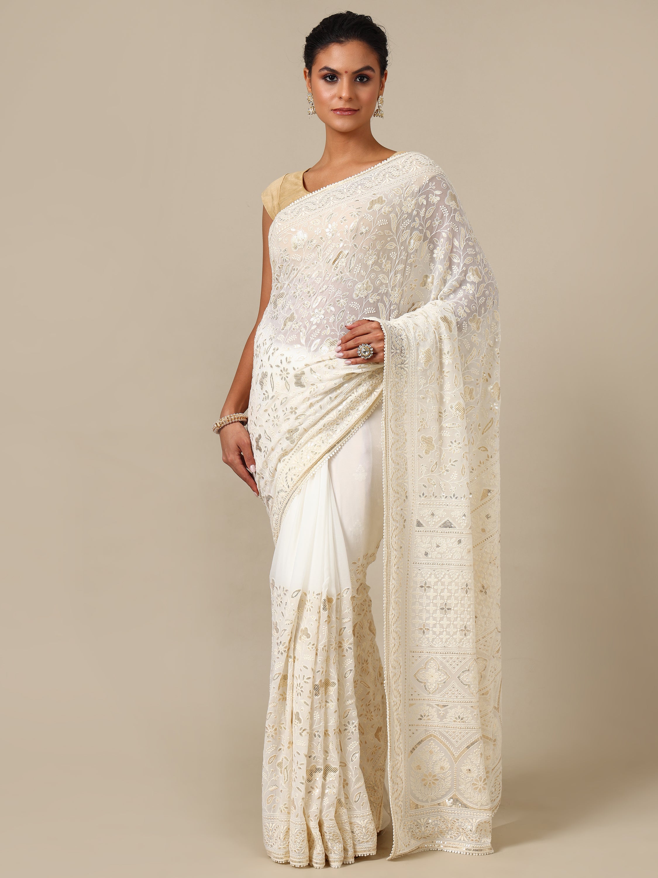 Ivory Georgette Saree with Gold Sequins