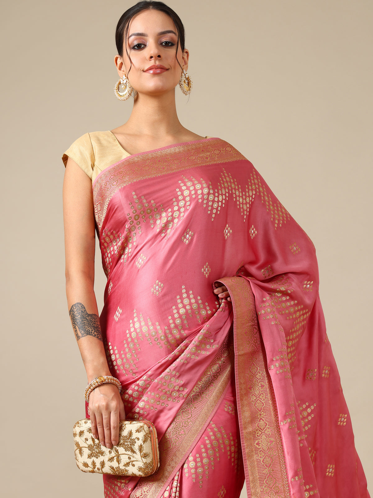 Rose Satin Silk Saree - House of Surya