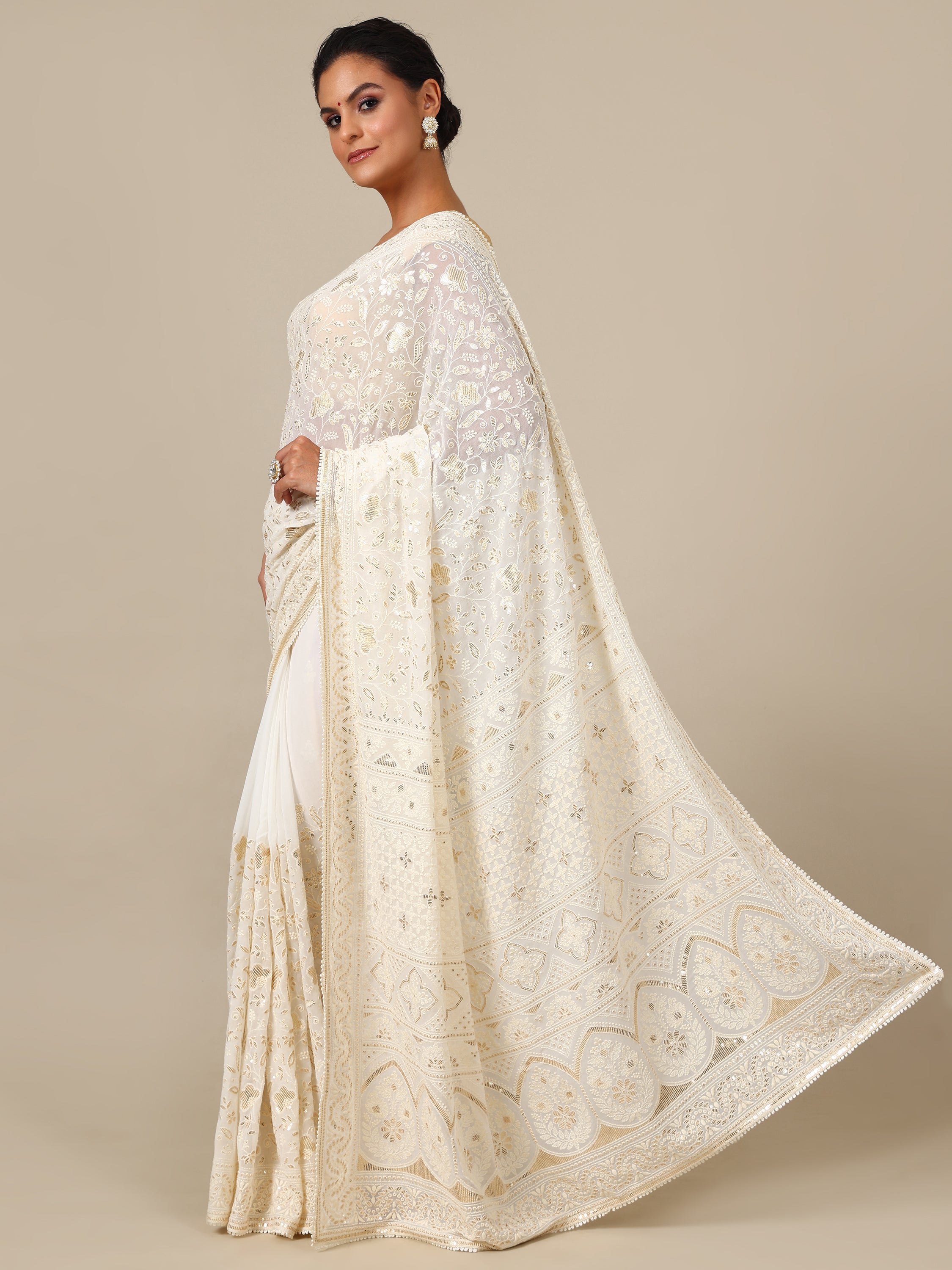 Ivory Georgette Saree with Gold Sequins