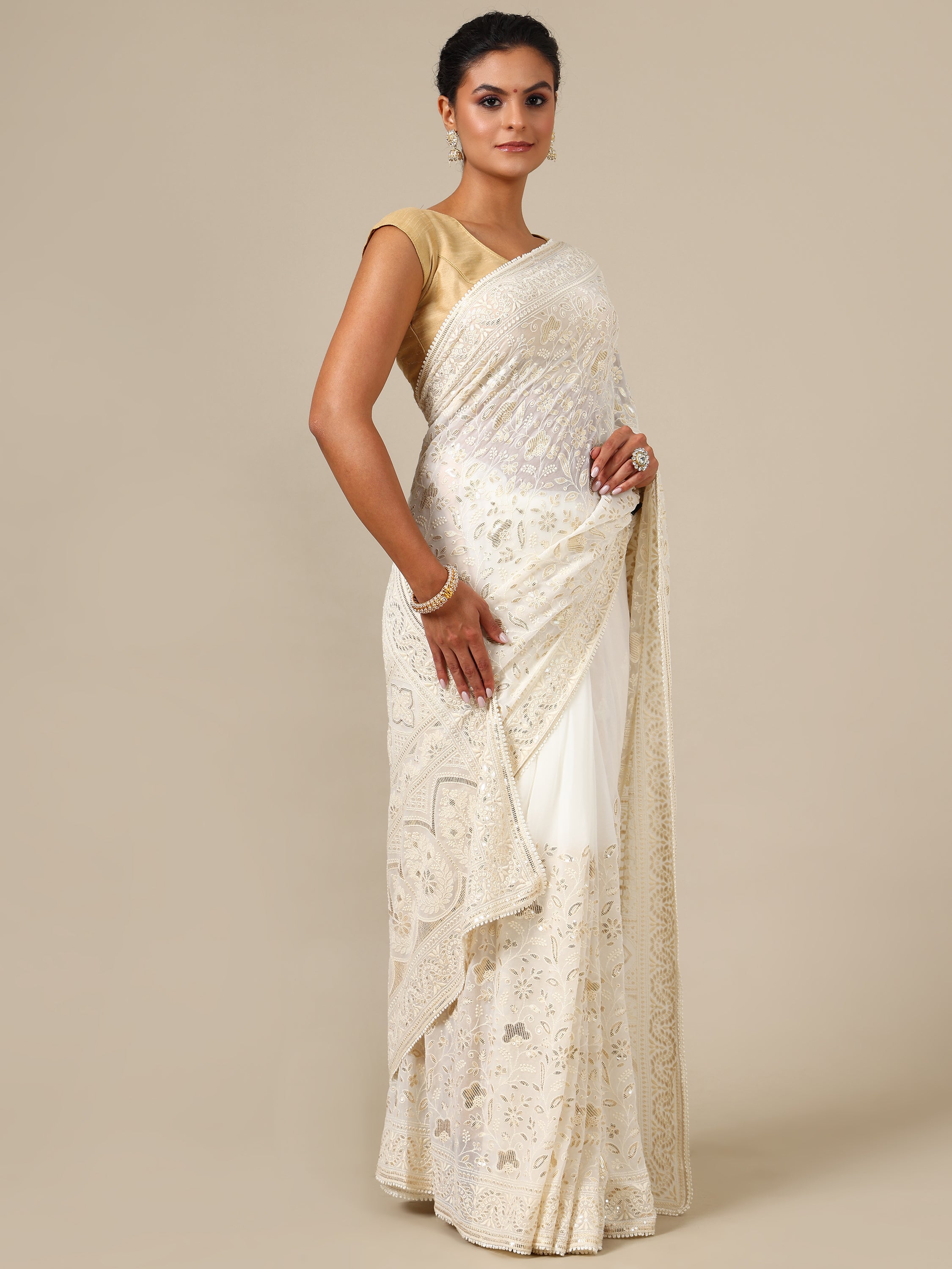 Ivory Georgette Saree with Gold Sequins