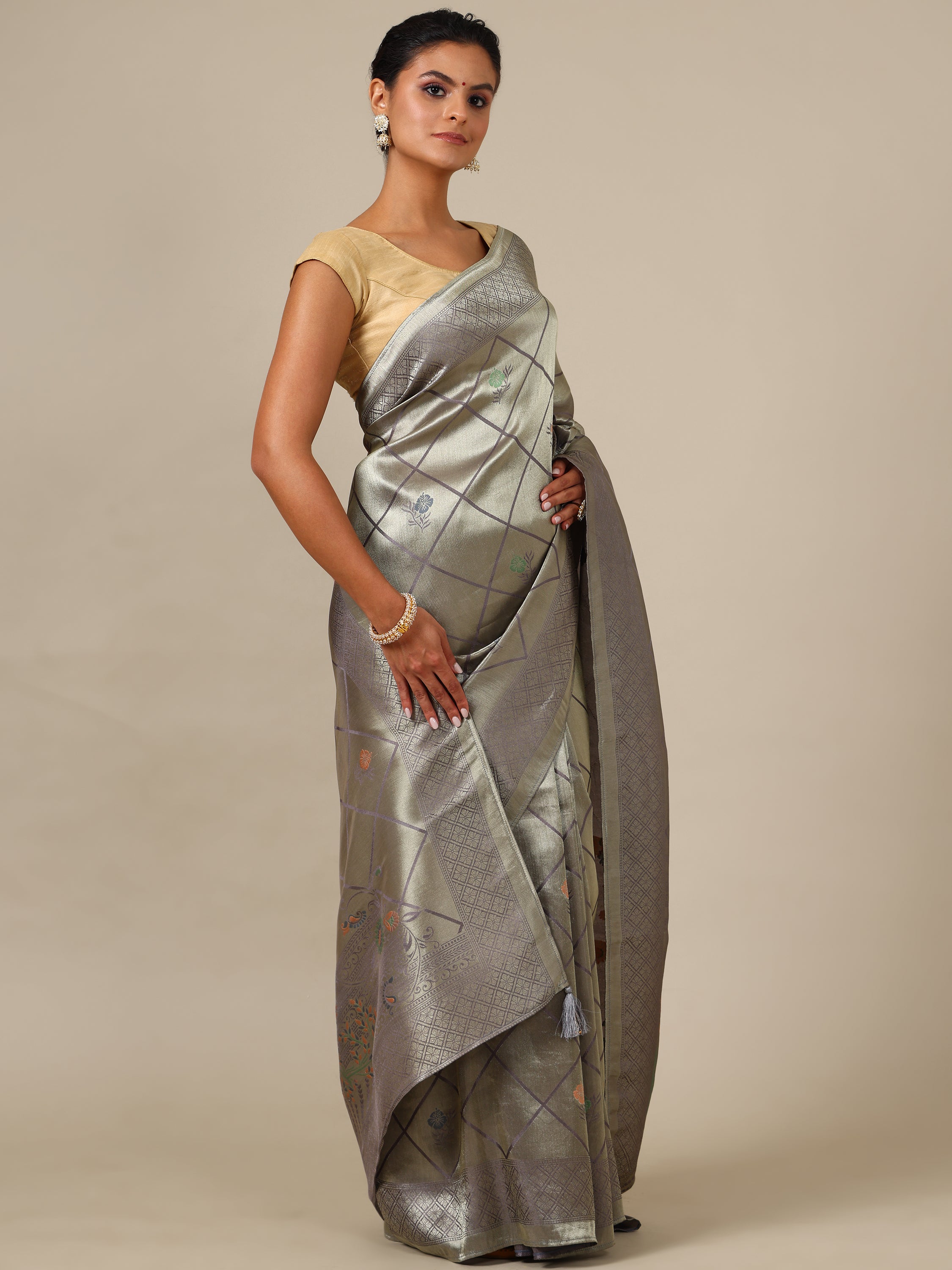 Elegant Grey Tissue Silk Saree