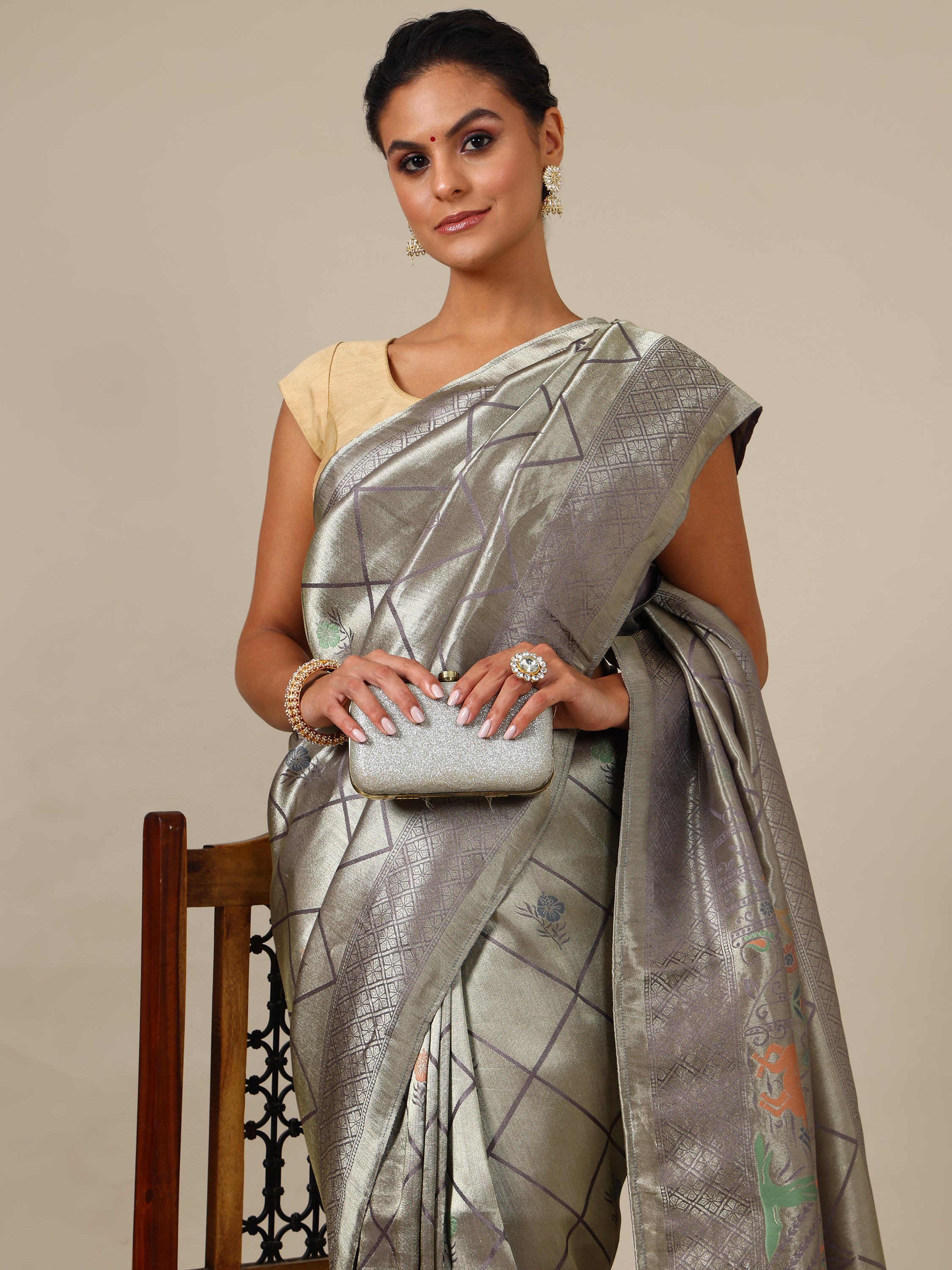 Elegant Grey Tissue Silk Saree