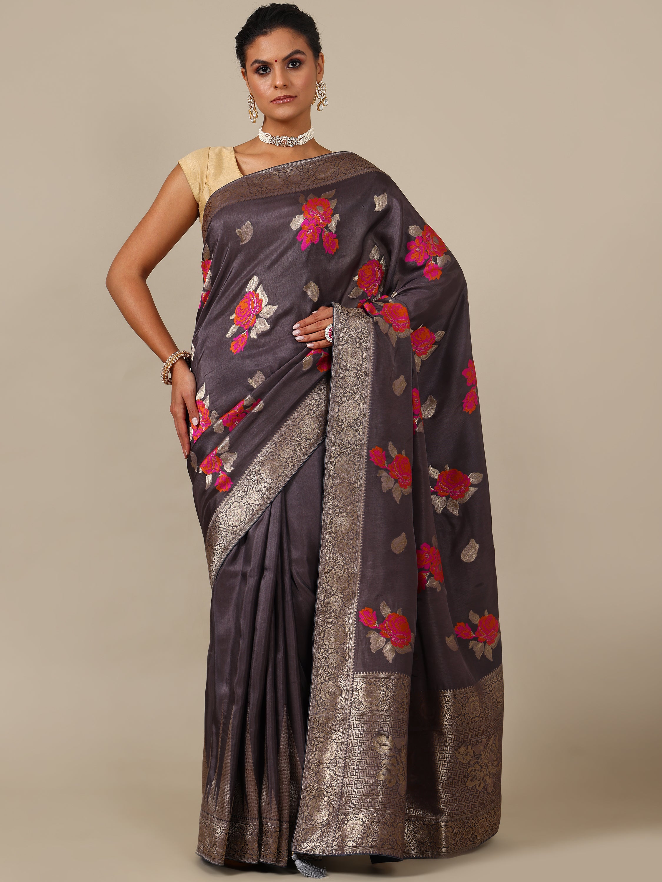 Elegant Grey Dola Silk Saree - House of Surya