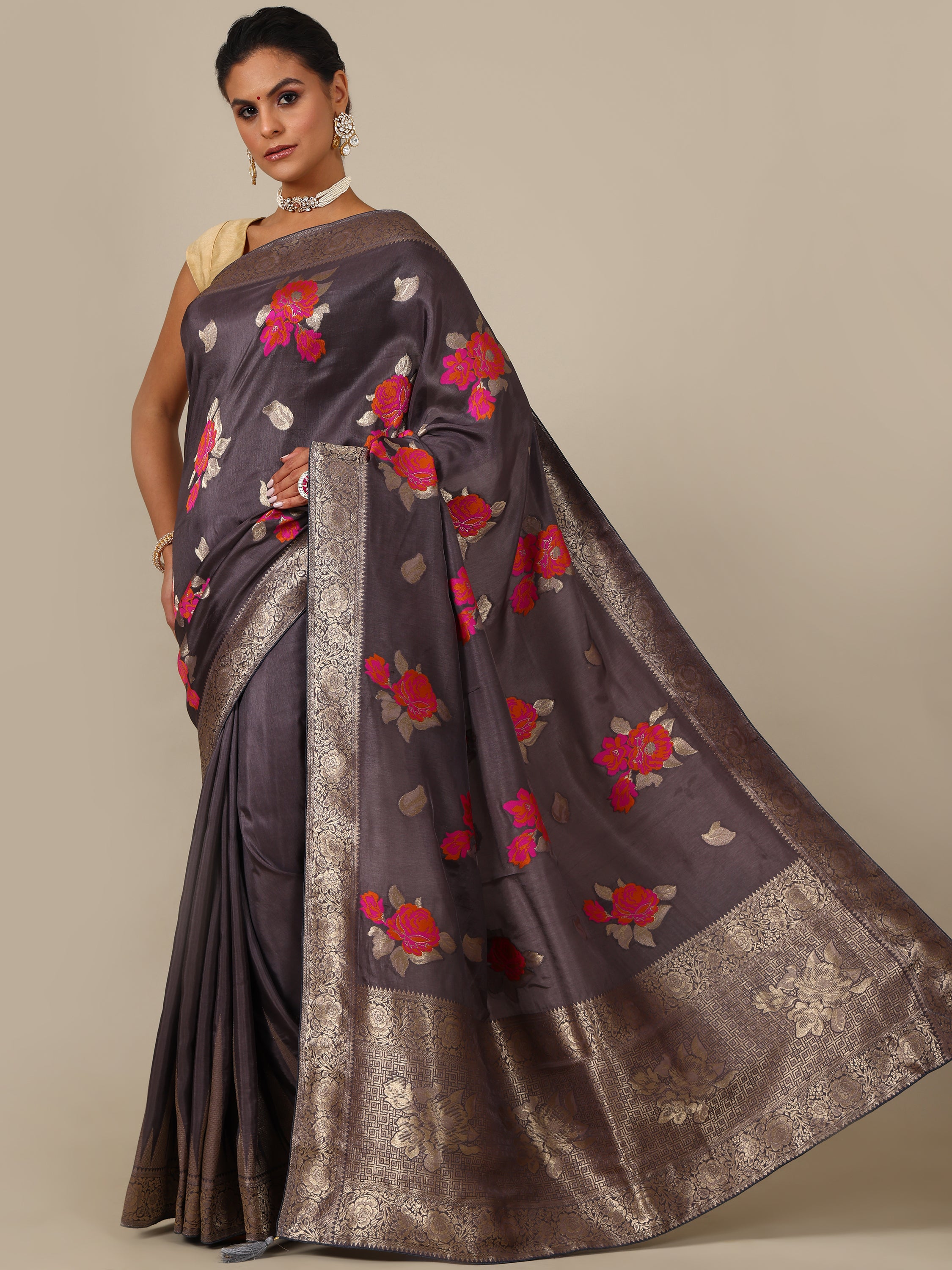 Elegant Grey Dola Silk Saree - House of Surya