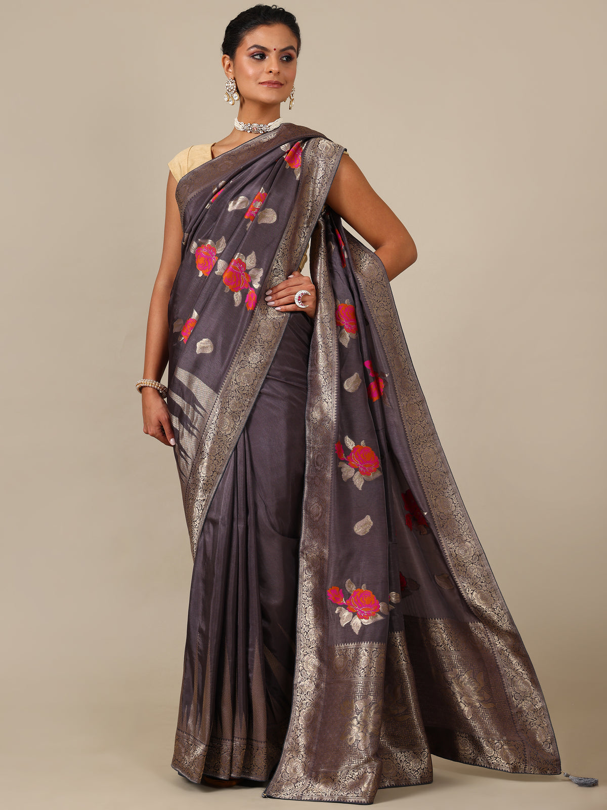 Elegant Grey Dola Silk Saree