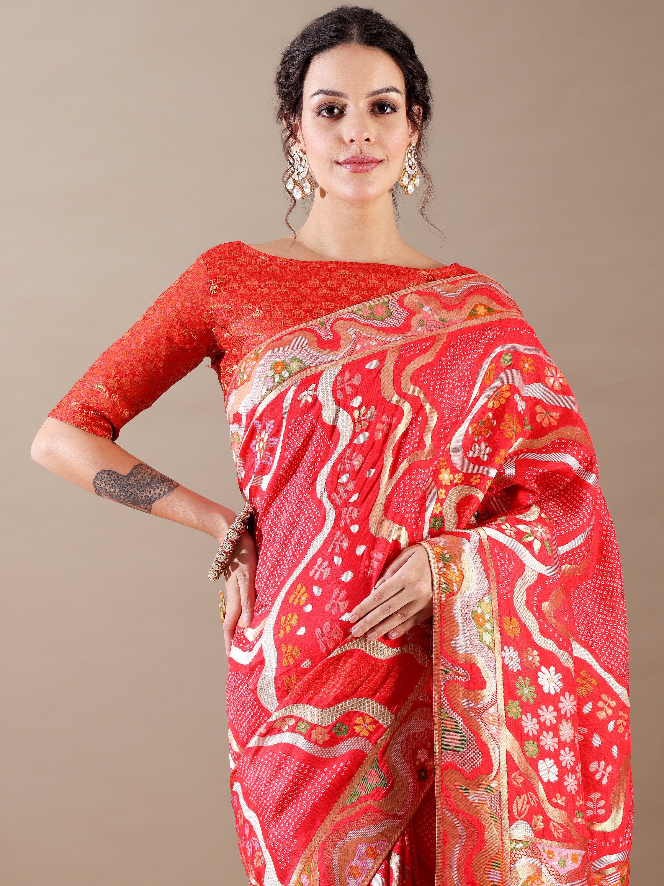 Red Dola Silk Weaving Saree - House of Surya